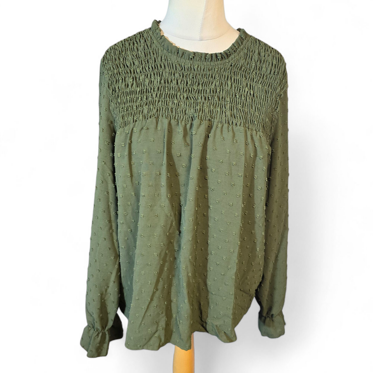 Shein Khaki Embossed Long Blouse ā Size L (Good Fit 14/16)