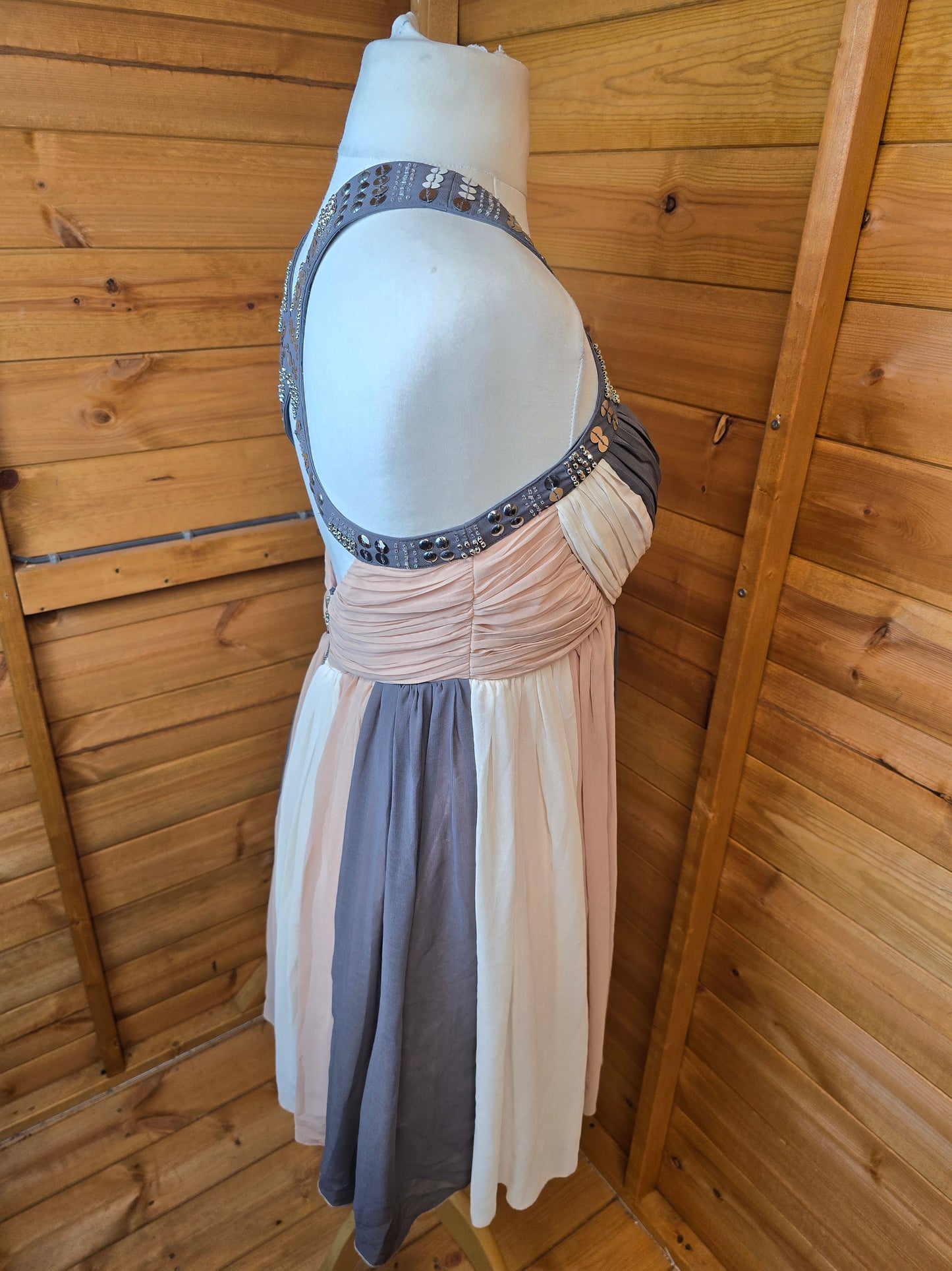Lipsy Beige Grey Cream Flared Mini Dress Size 12 – Gem & Sequin Detail, Sleeveless, Zip Back