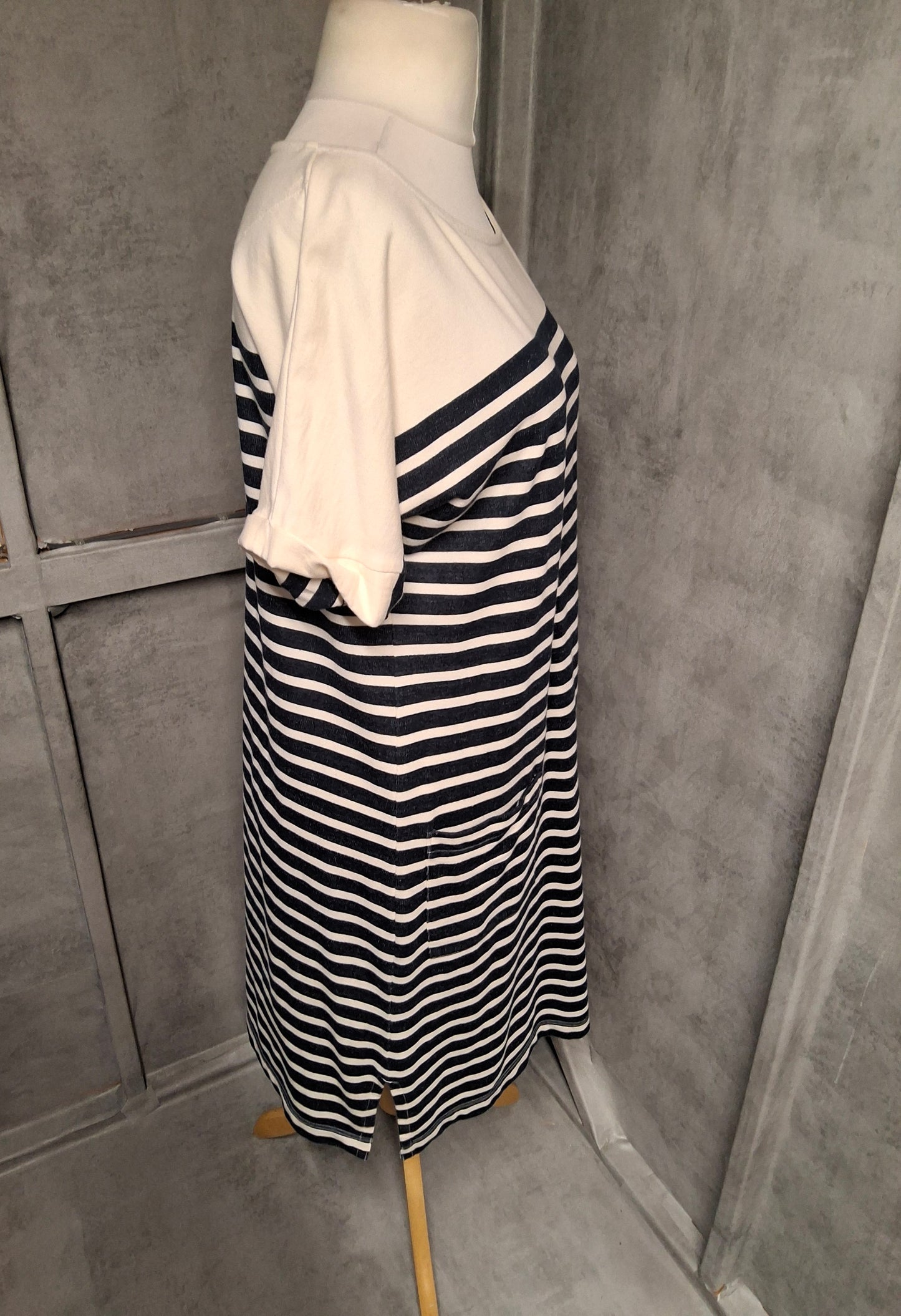 White Stuff Navy & White Stripe Cotton Midi Dress – Size 12