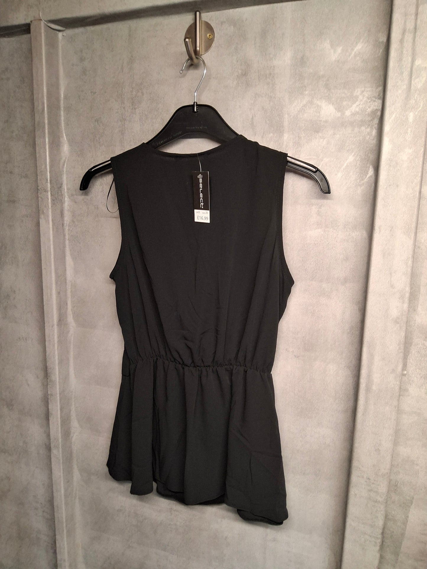 Select Black Sleeveless Peplum Top – Size 8 with Gold Buckle Detail