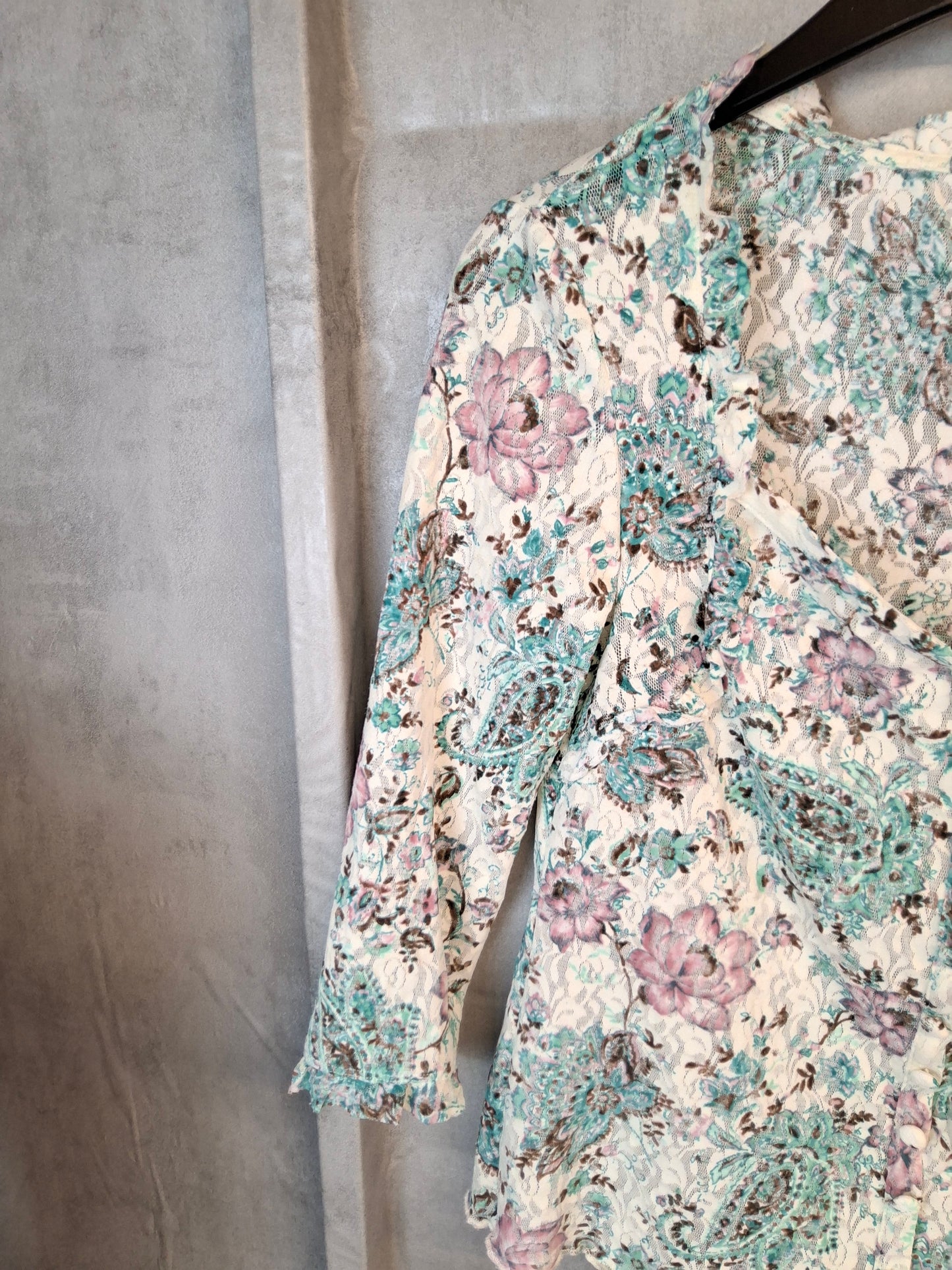 Per Una M&S Floral Lace Mesh Top Size 12 | Stretchy Semi-Sheer Blouse | Frill Neck ¾ Sleeve Top