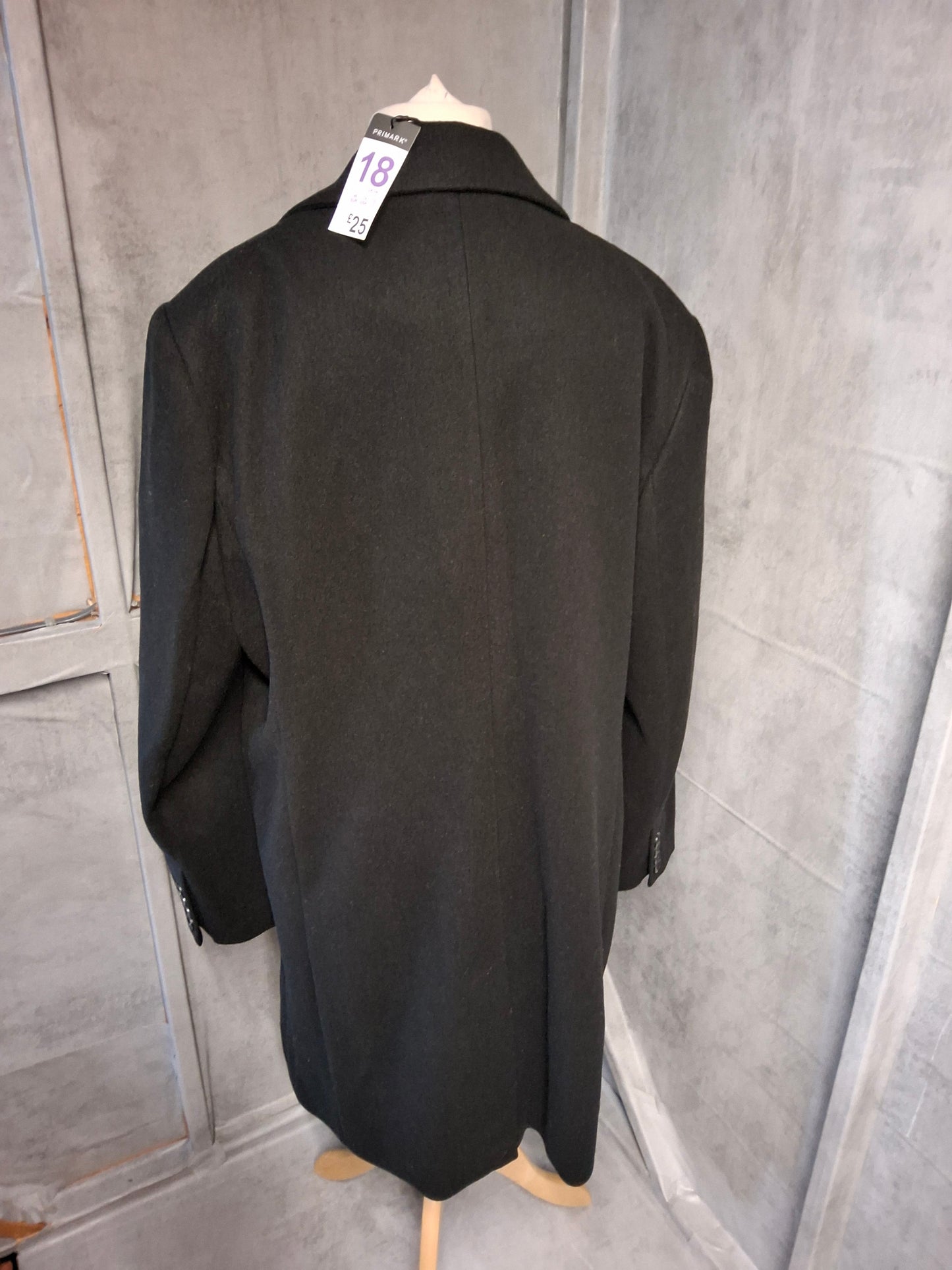 Primark Black Midi Overcoat – Size 18 – Lined, Button Close, NWT RRP £25