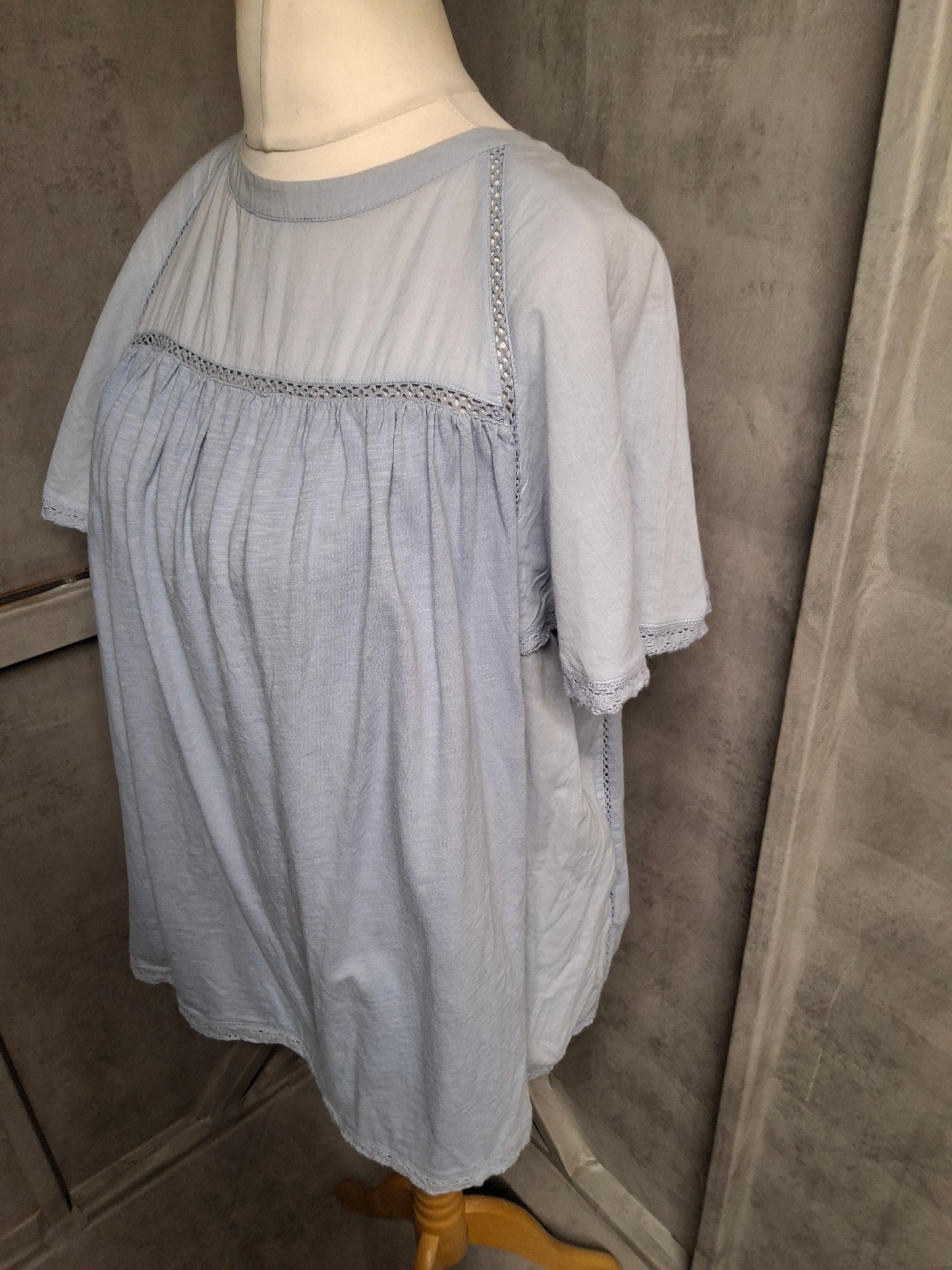 Per Una Blue Cotton Crochet Detail Top – Size 18 – Floaty Sleeves & Relaxed Fit