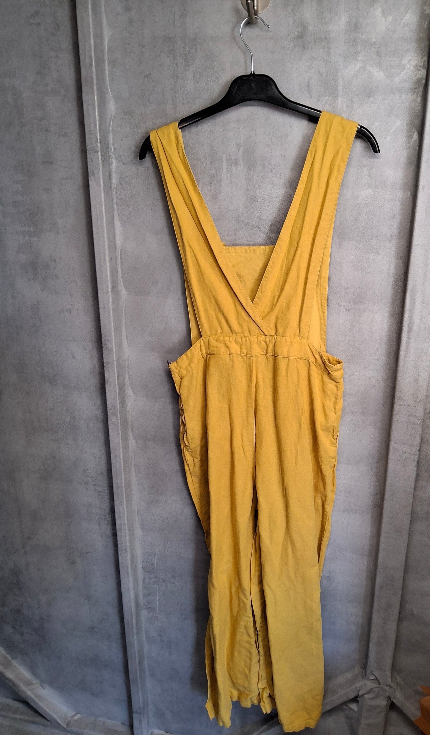 Zara Yellow Cropped Dungaree Jumpsuit | Linen Blend | Size L (UK size 12/14)