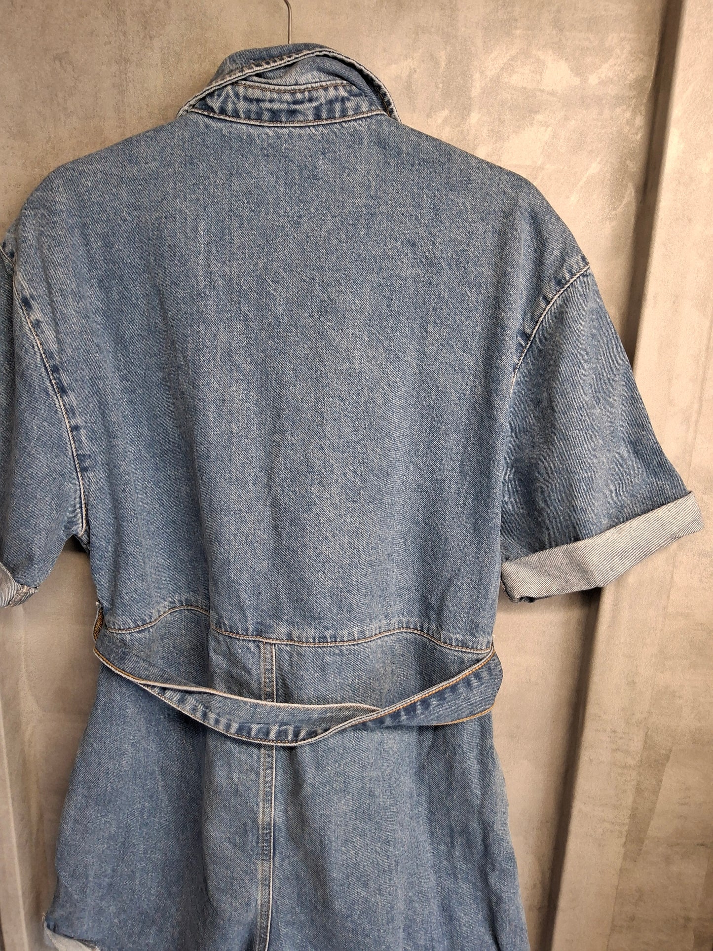 Topshop Denim Blue Boiler Suit Playsuit – Size 12 | 100% Cotton | Pockets & Belted Waist