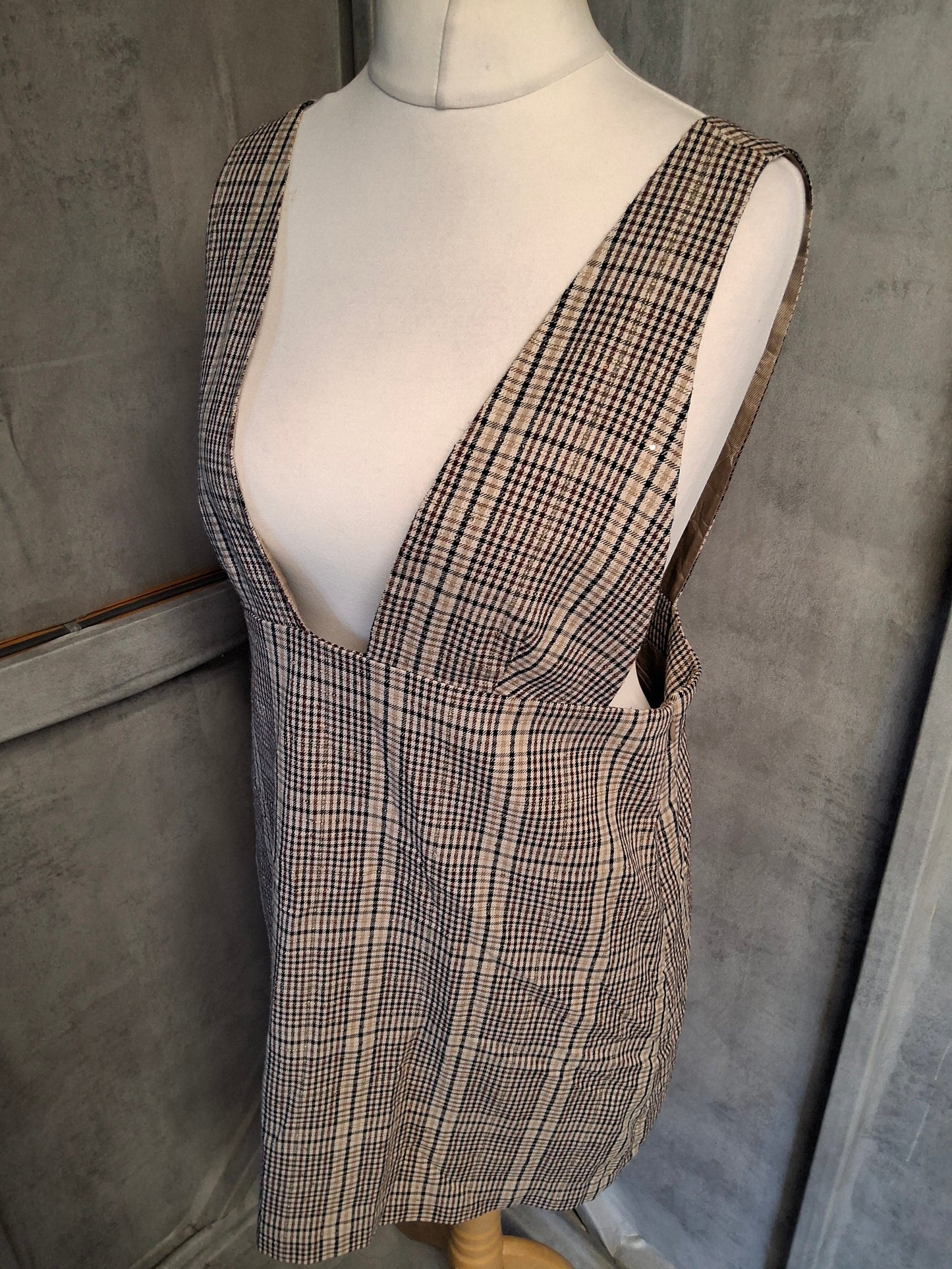 Zara Brown & Black Checked Glitter Pinafore Dress – Size L (UK size 12) – Mini/Knee Length