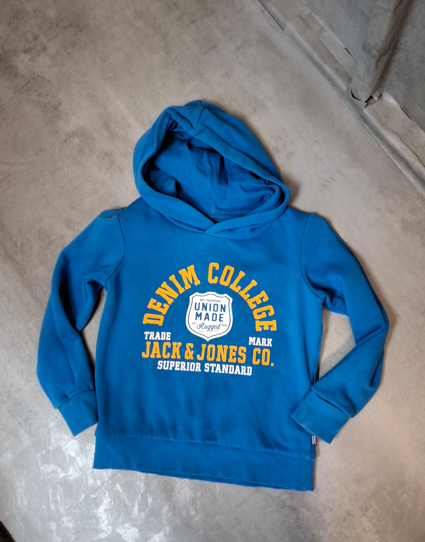 Jack & Jones Boys Blue Hoodie Age 6β7 | Denim College Print | Cotton Blend