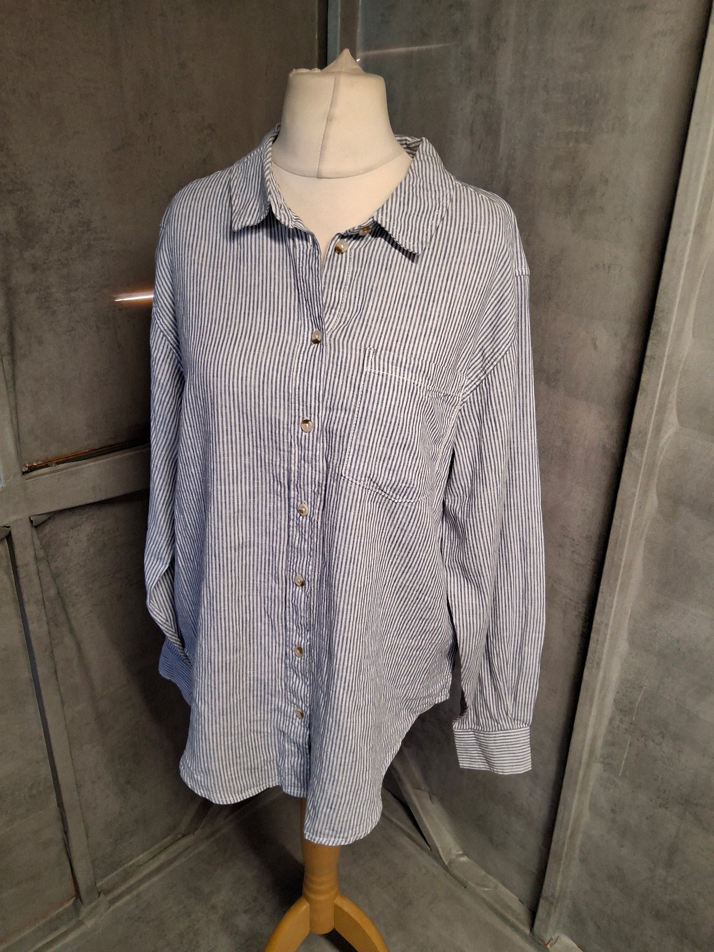 Matalan Blue & White Striped Linen Blend Shirt – Size 12 – BNWT
