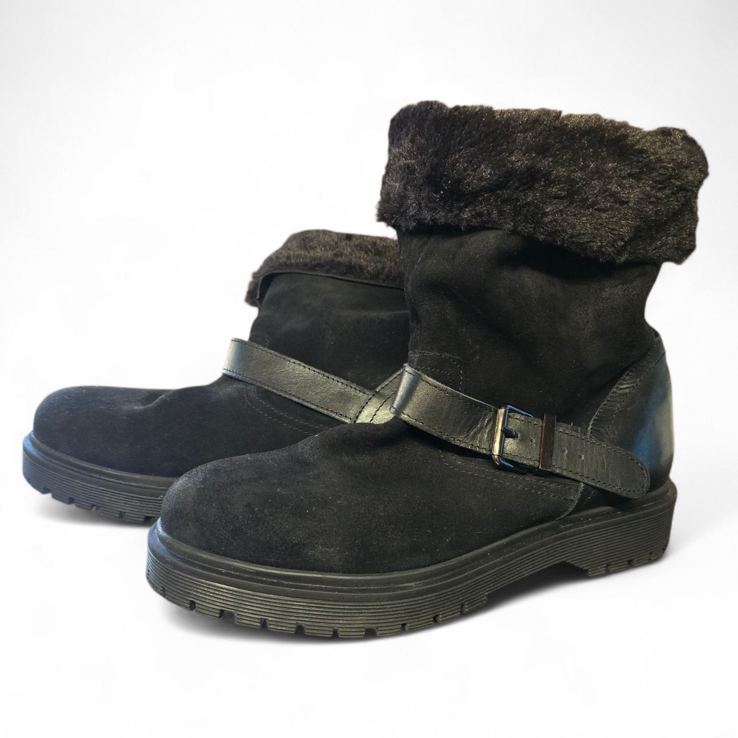 Next Black Faux Fur Ankle Boots – Size 7 – Leather & Suede Mix with Buckle Detail 🖤❄️