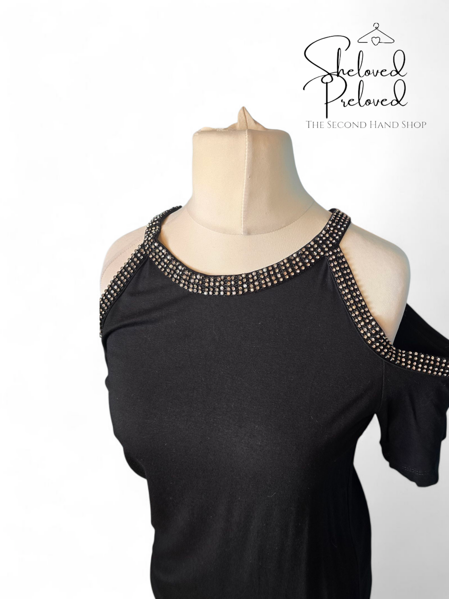Black & Silver Gem Cold Shoulder T-Shirt – Size 14, Stretch Fit