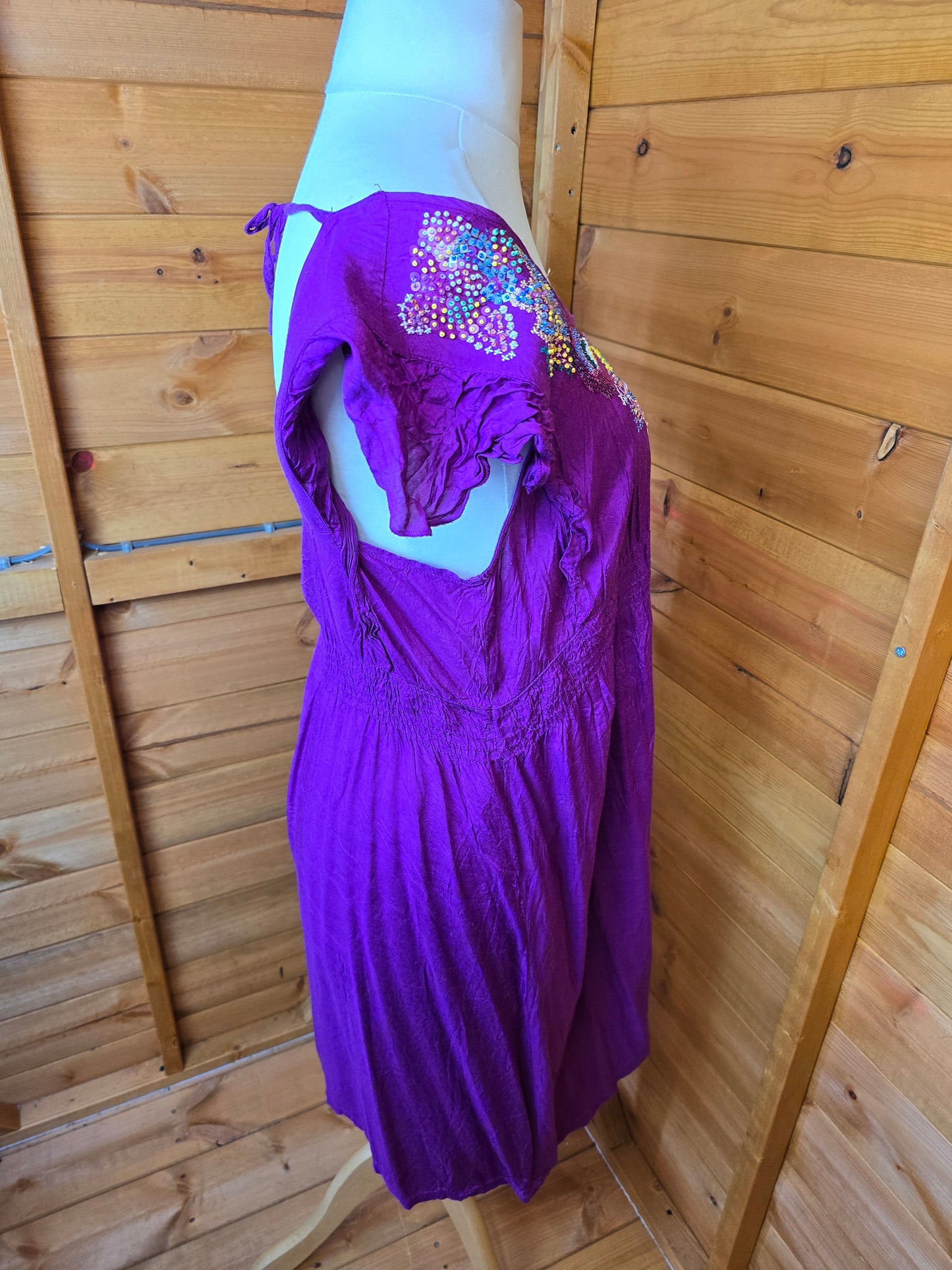 New Look Purple A-Line Dress | Size 16 UK | Beaded Front, Frill Sleeves, Tie Back