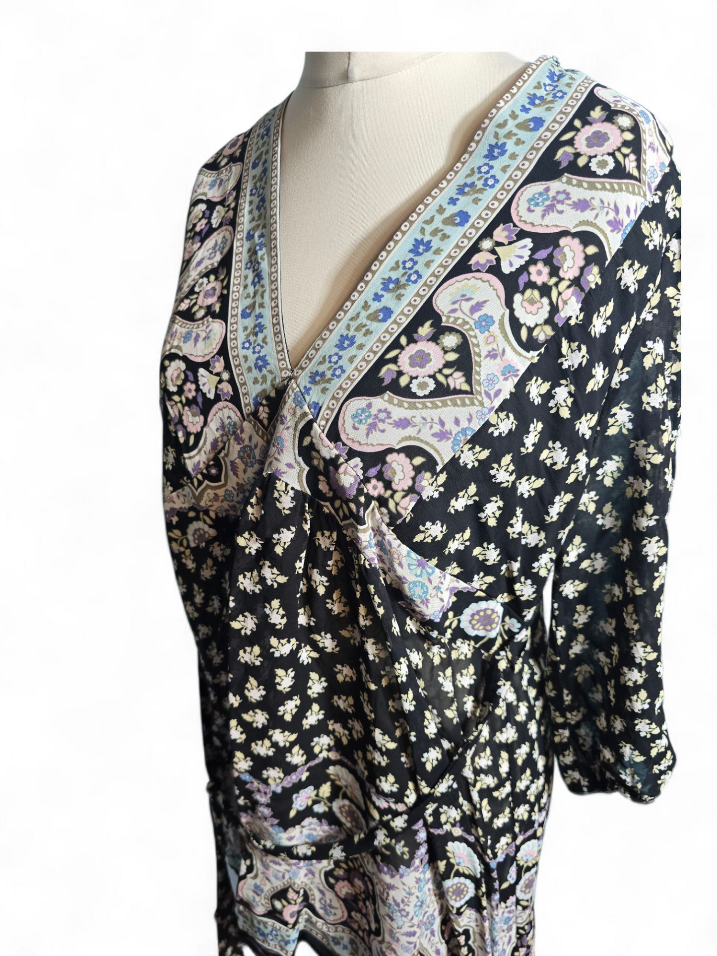 New Look Black Floral Tunic Dress – Size 18 (Fits 16), V-Neck, 3/4 Sleeves, Above Knee, Viscose