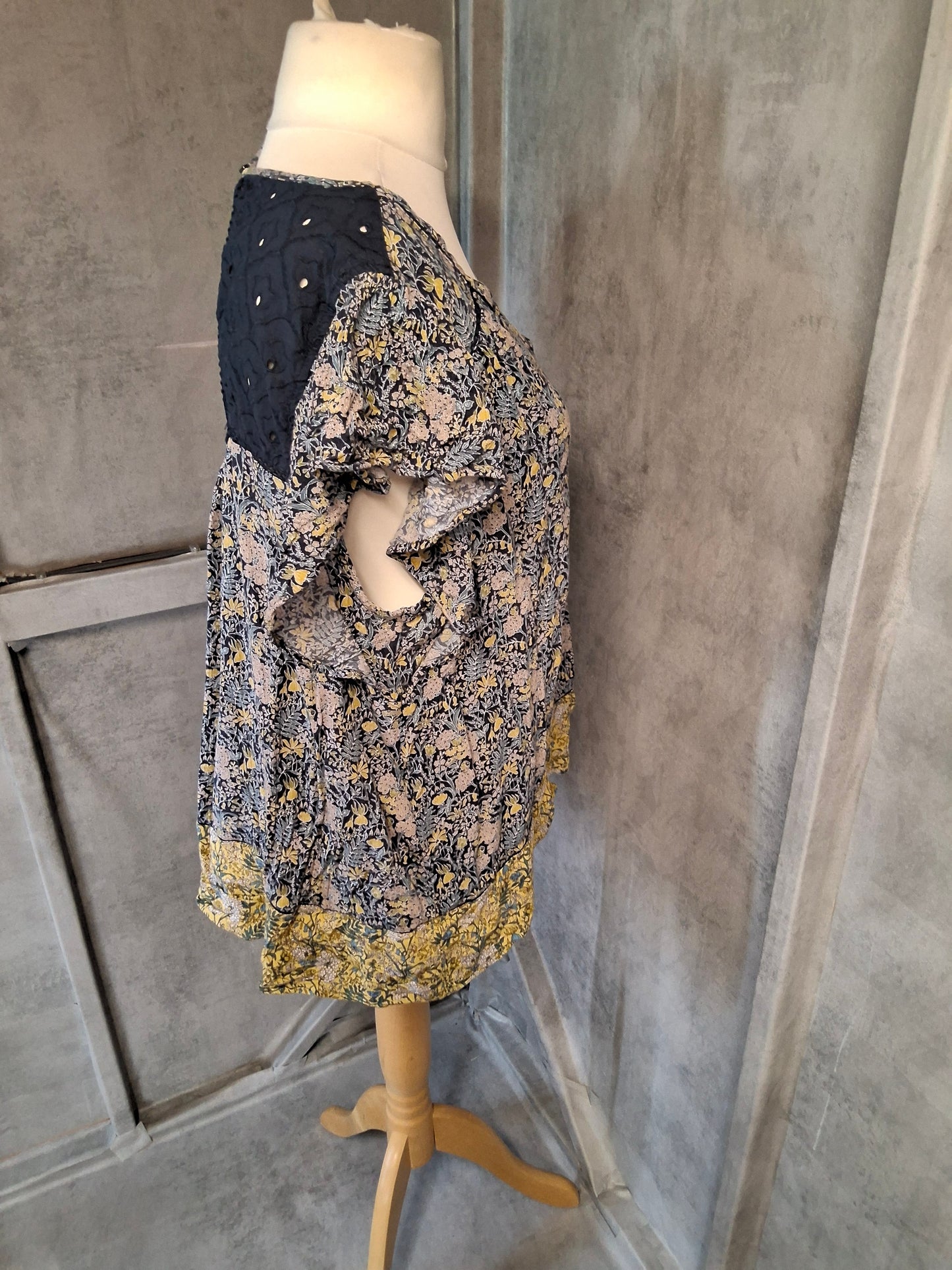 Next Navy & Yellow Floral Blouse β Size 18, 100% Viscose, Boho Vibes & Breezy Feels