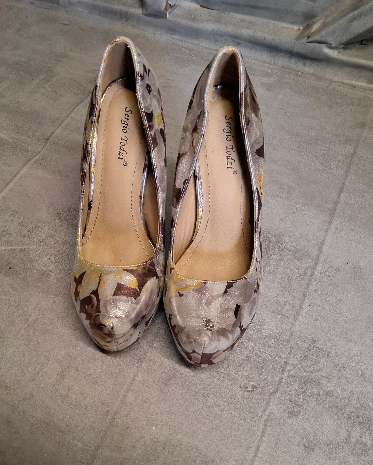 Sergio Todzi Silver, Purple & Yellow Floral Platform High Heels UK 4 – Metallic 13cm Heel