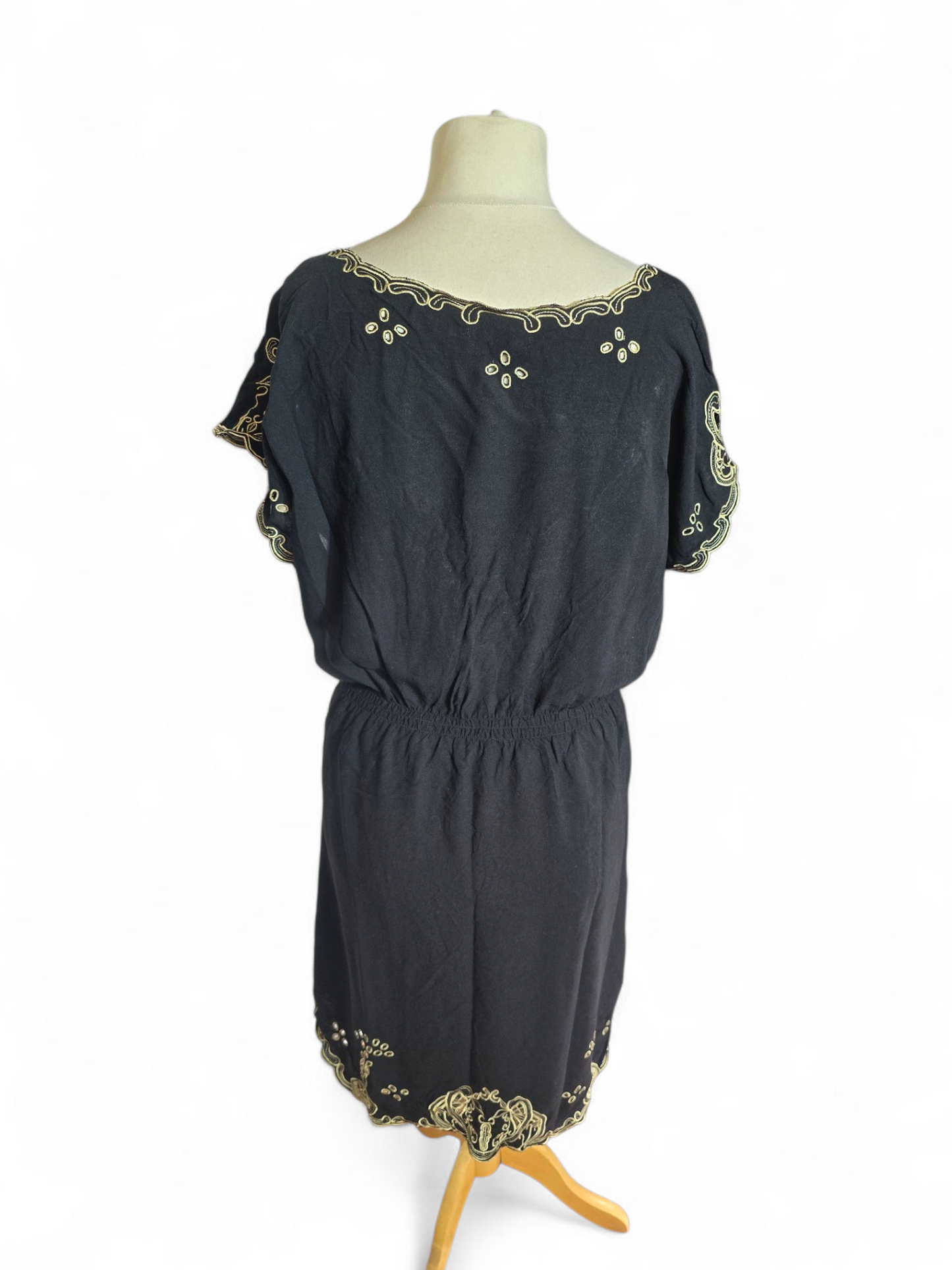Primark Black & Beige V-Neck Summer Dress Size 18 – Knee Length, Elasticated Waist, Pattern Detail