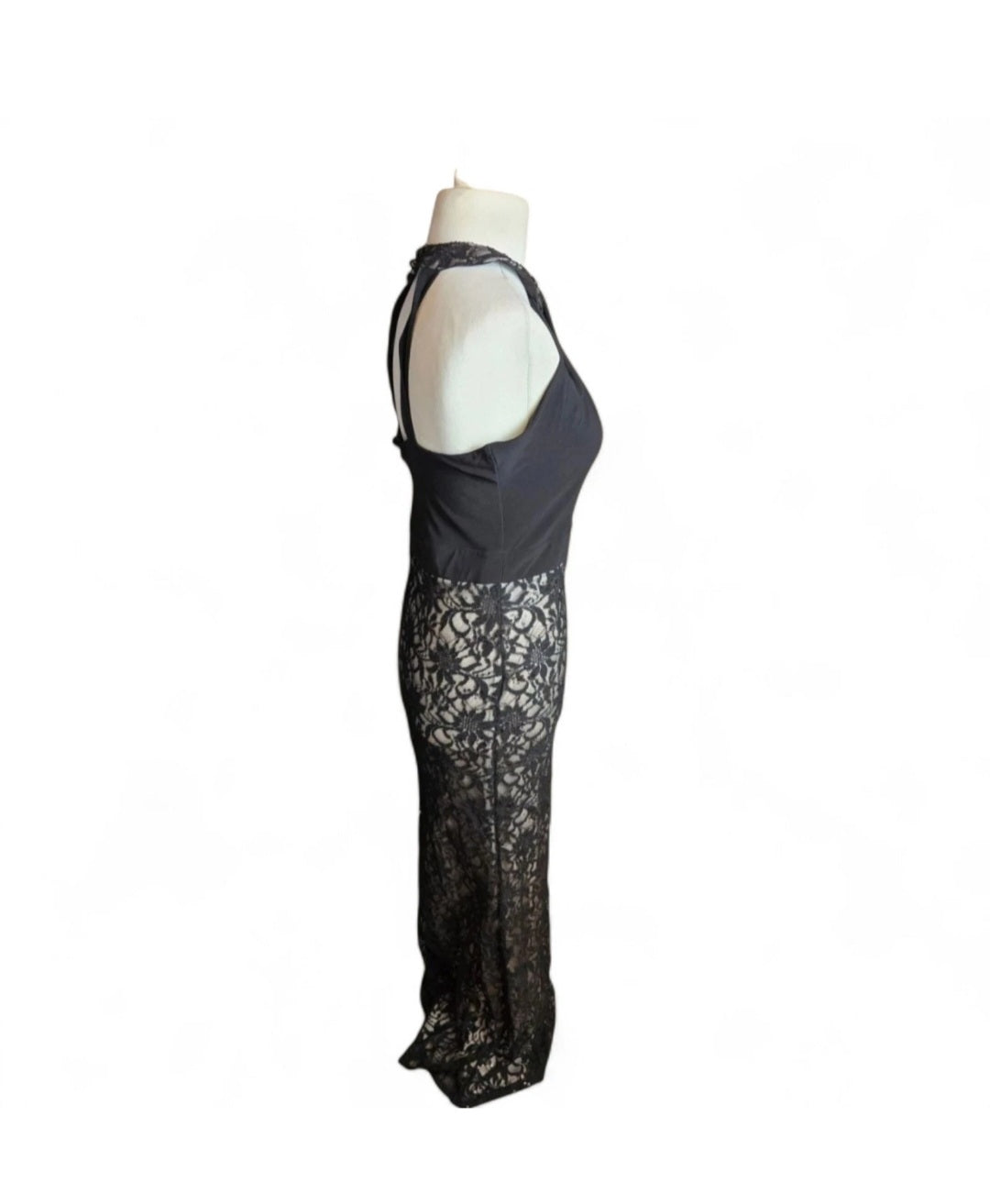 Jane Norman Black Lace Sequin Dress – Size 12, Sleeveless, High Neck, Long A-Line Formal Dress