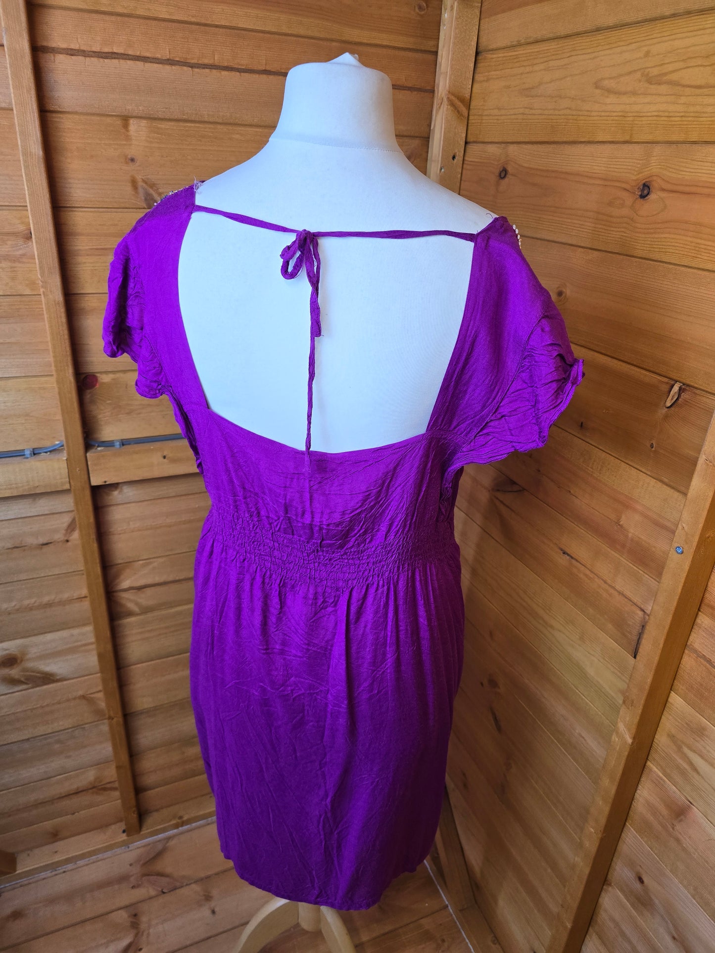 New Look Purple A-Line Dress | Size 16 UK | Beaded Front, Frill Sleeves, Tie Back