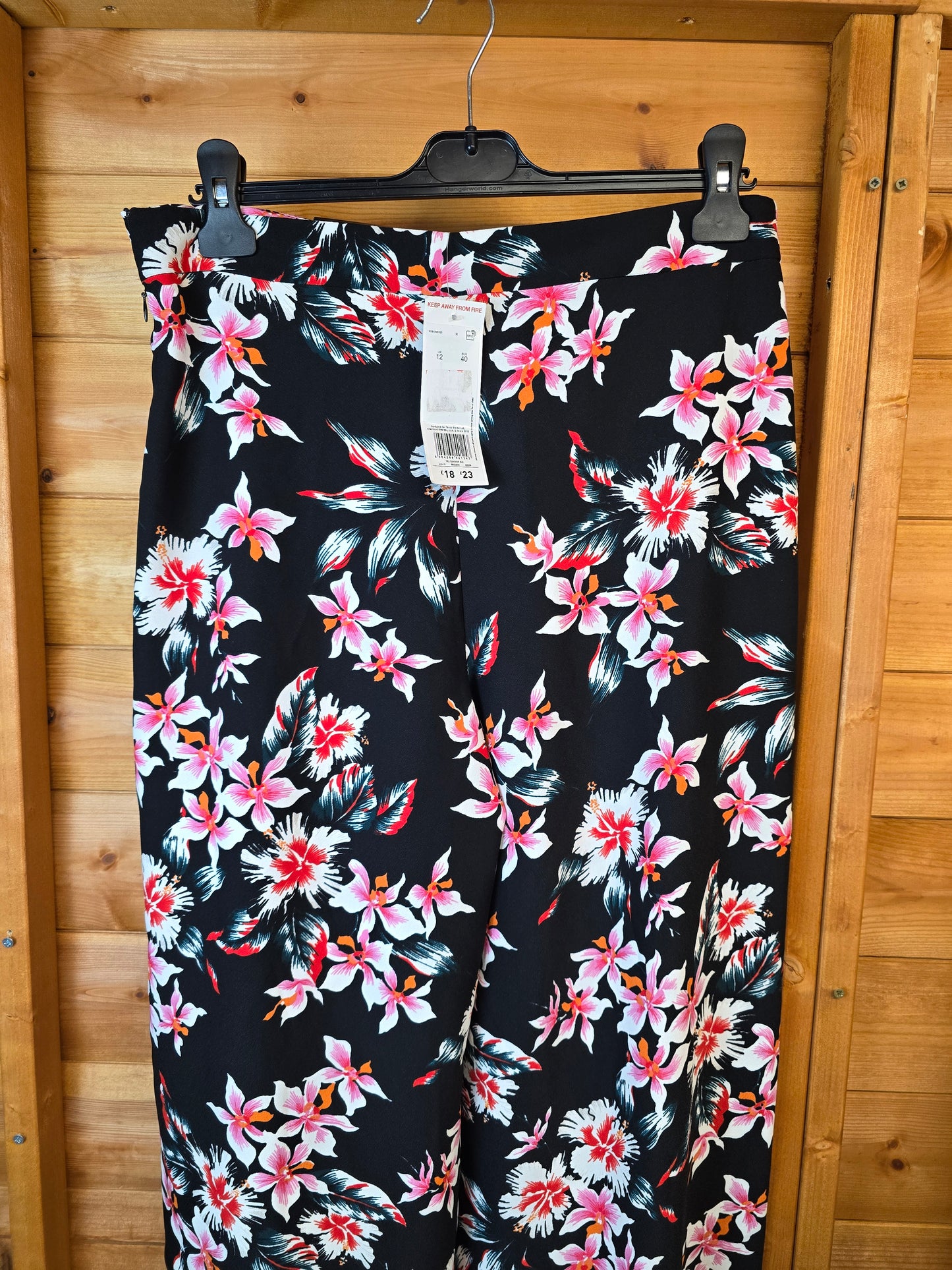 F&F Black Floral Wide Leg Trousers Size 12 β NWT