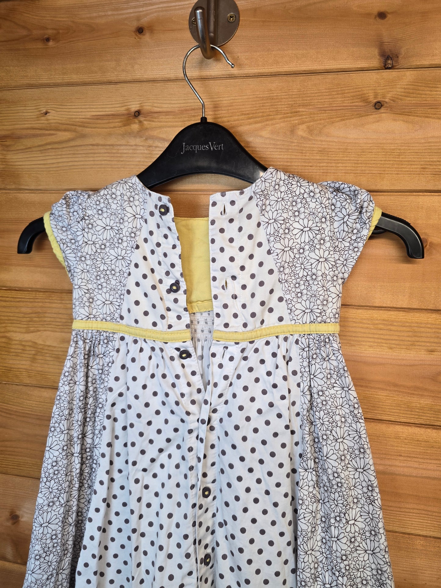Marks & Spencer Girls' White, Yellow & Brown Floral Polka Dot Dress – Short Sleeves, Elastic Front