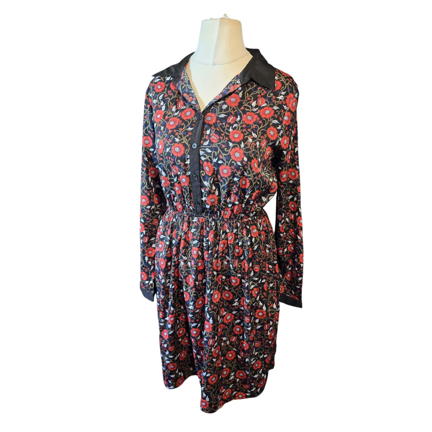 Primark Black & Red Floral Collared Dress – Size 12 – Long Sleeved Knee Length