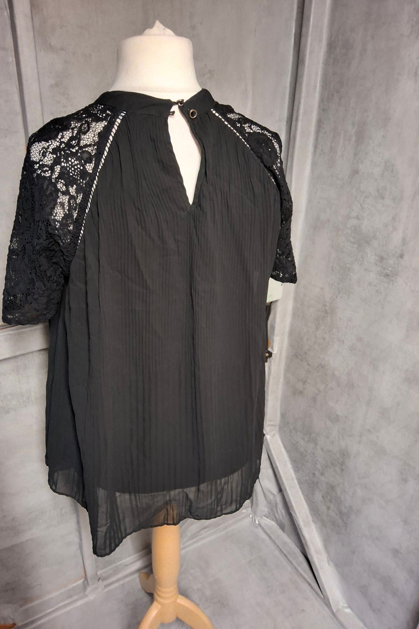Next Black Sheer Pleated Top with Lace Sleeves – Size 12