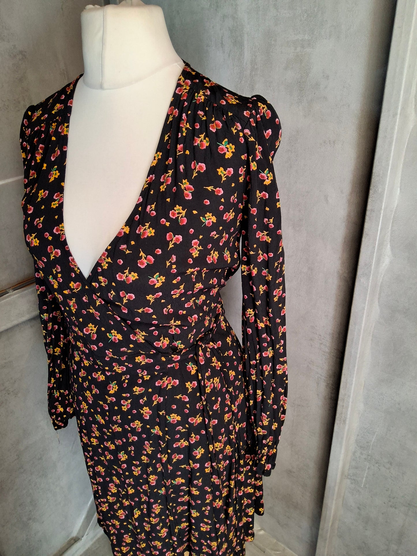 M&S Ghost Black Floral Wrap Midi Dress – Size 8 Regular – Viscose Elegance