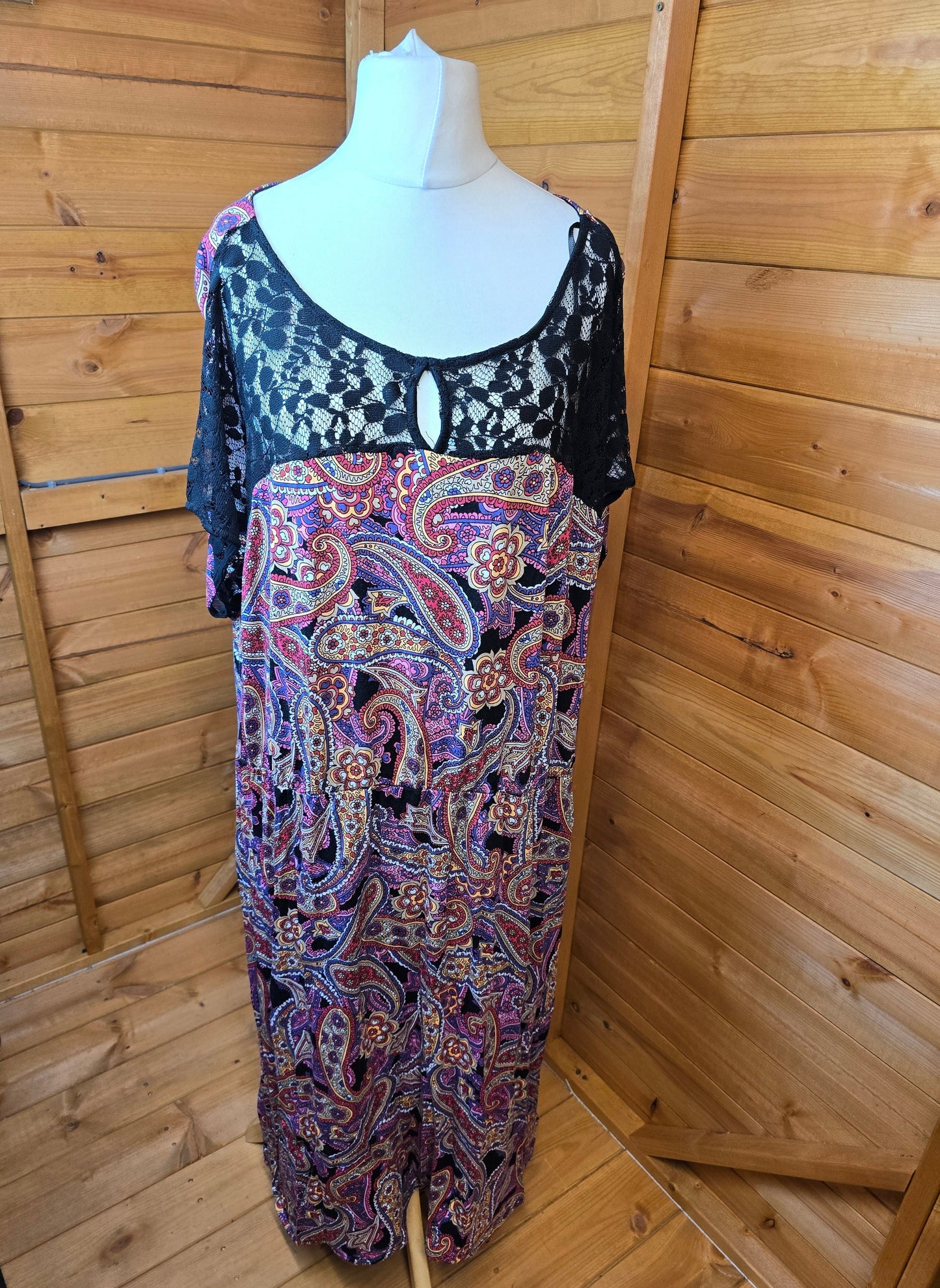 Simply Be Black Multicolour Midi Dress Size 28 – Lace Front, Short Sleeves, Elasticated Waist