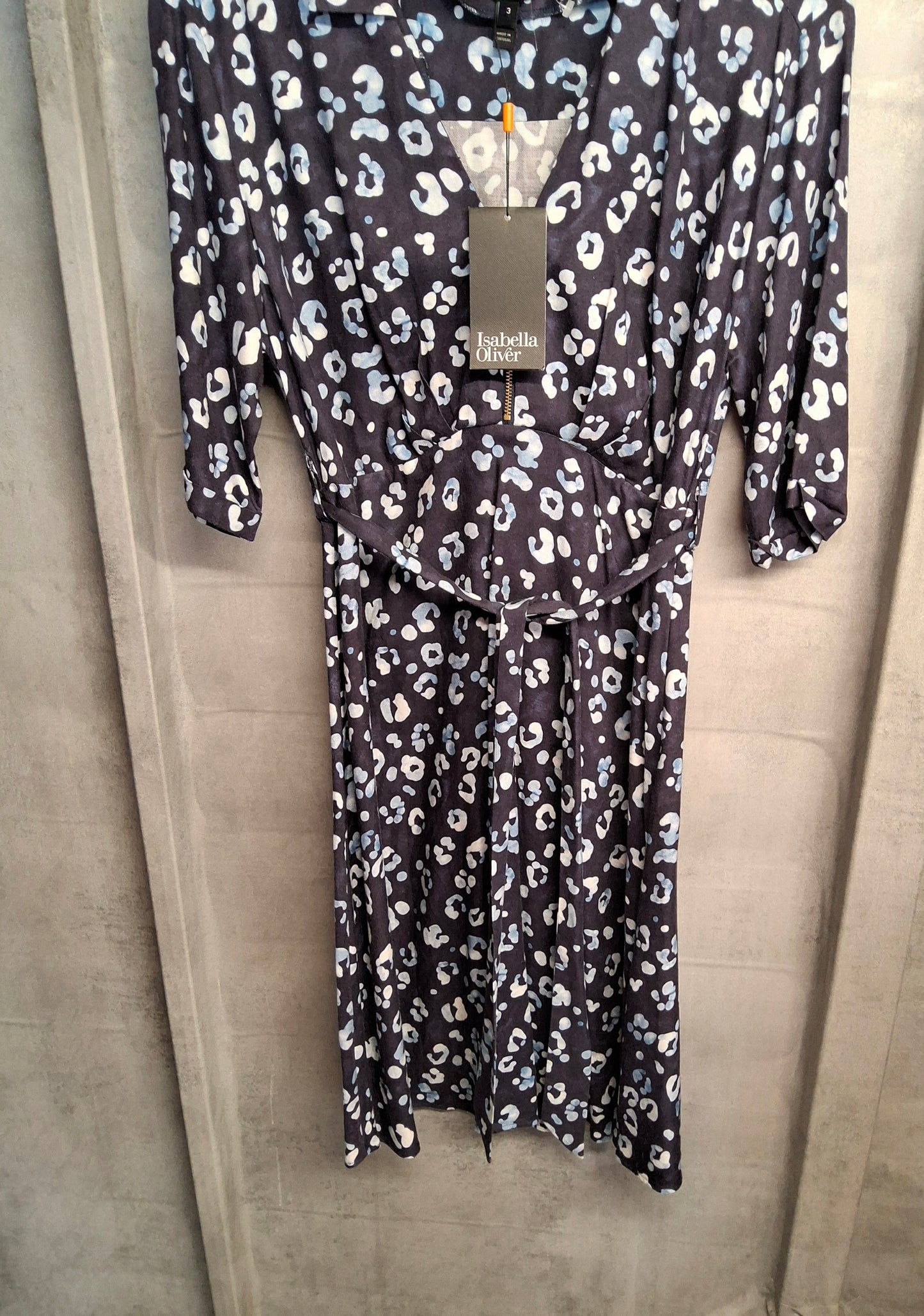 Isabella Oliver Navy Animal Print Maternity Nursing Dress – Size 12, Belted, RRP £129