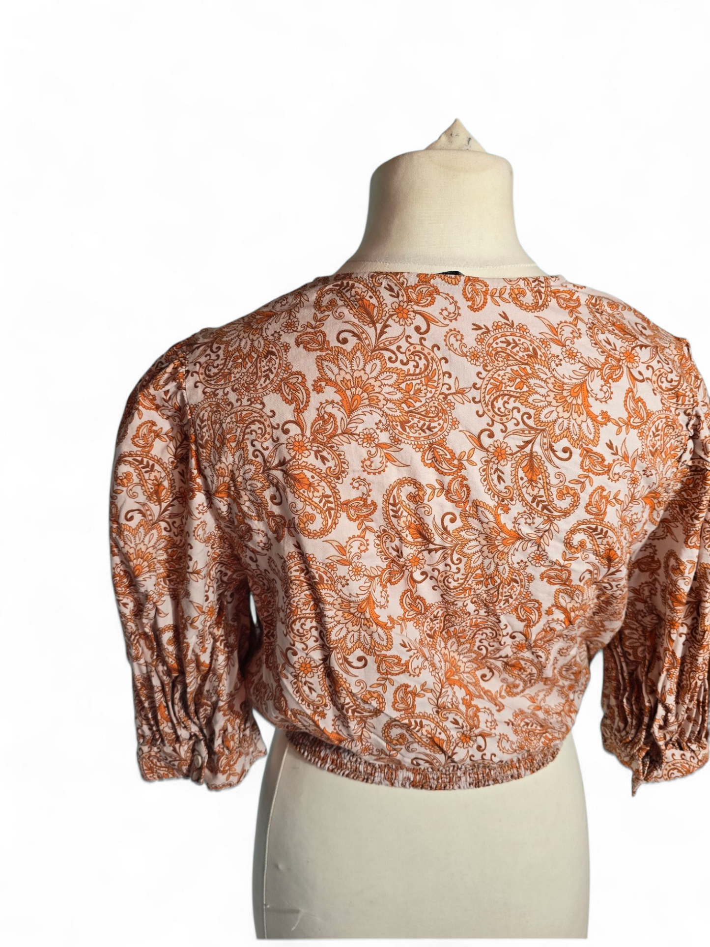 George White & Orange Wrap Crop Top | Size 12 UK | 3/4 Sleeve, Tie Front