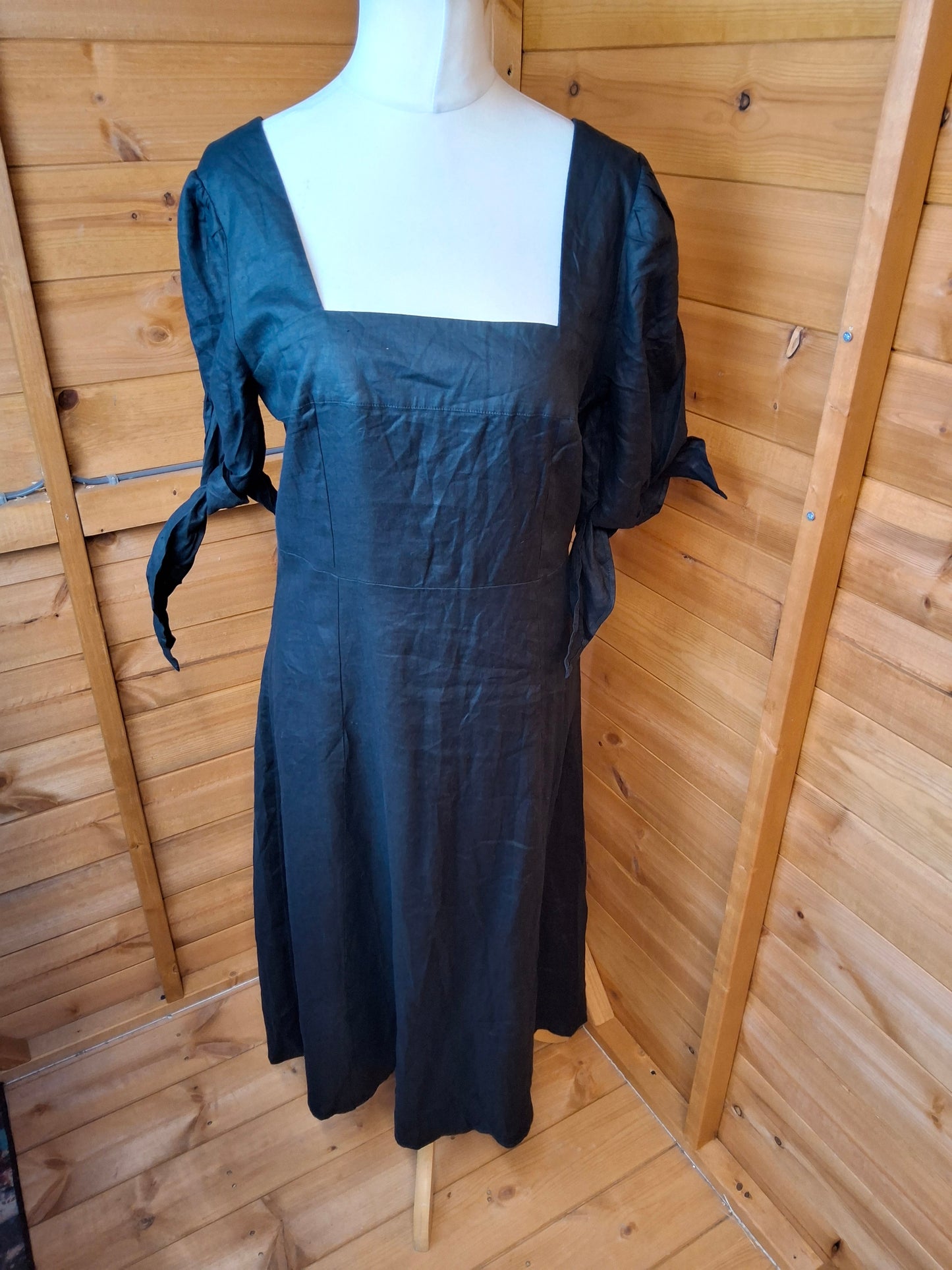 Next Black 100% Linen Midi Dress – Size 12 – NWT – Tie Sleeves – RRP £48