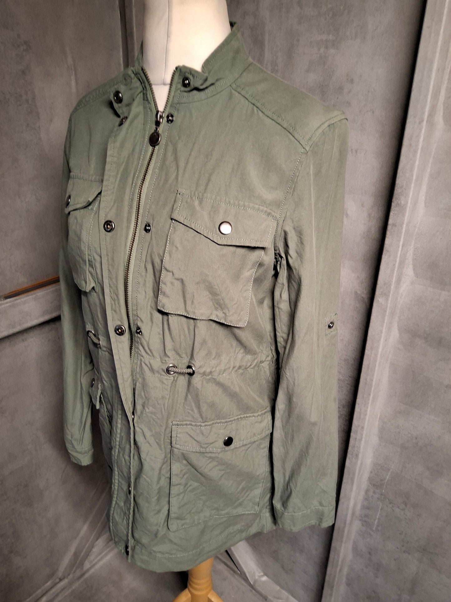Thought Khaki Green Parka Jacket Size 10 – Lyocell/Cotton, Zip & Popper Close, Drawstring Waist