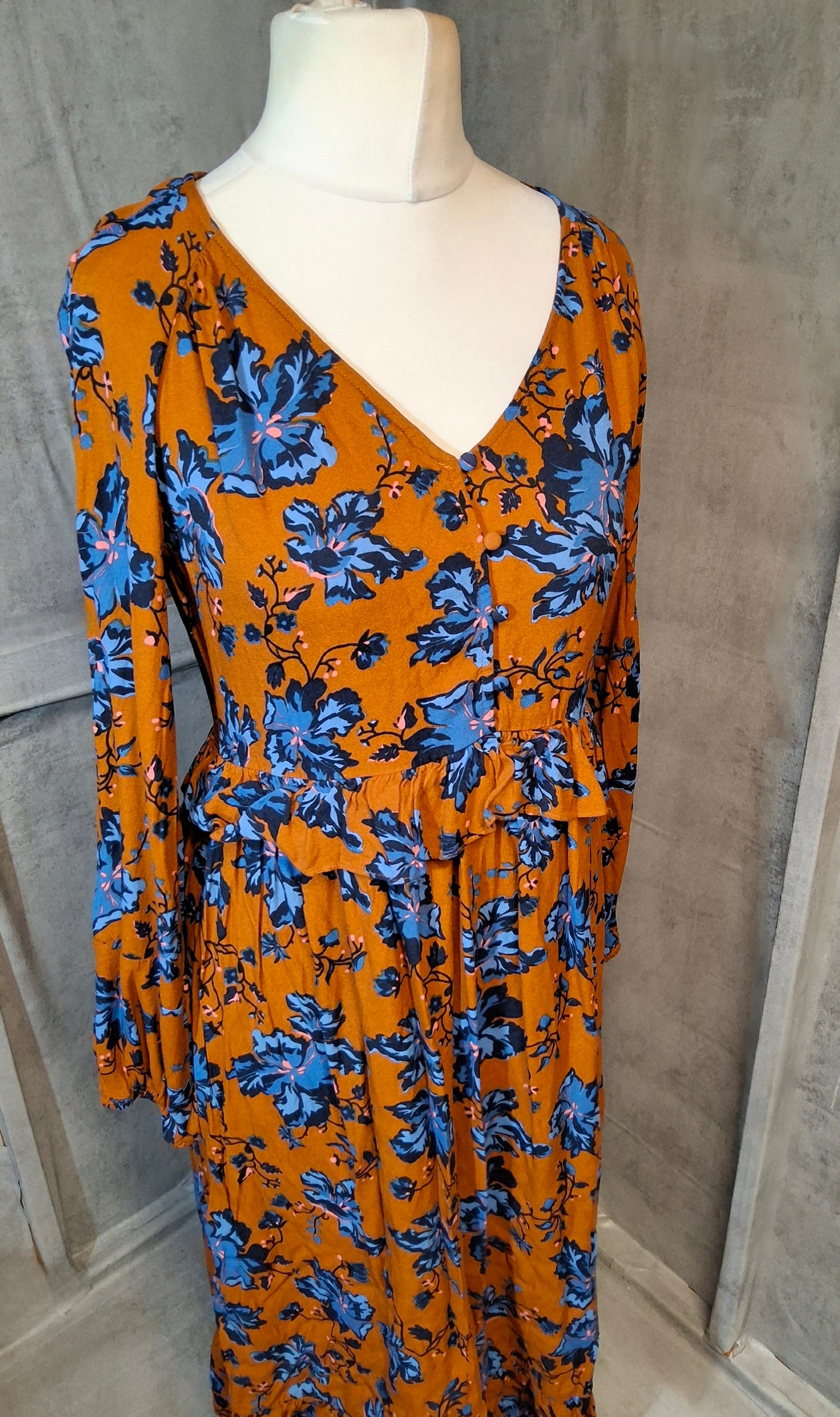 Oliver Bonas Boho Autumn Floral Midi Dress – Orange & Blue – UK 10