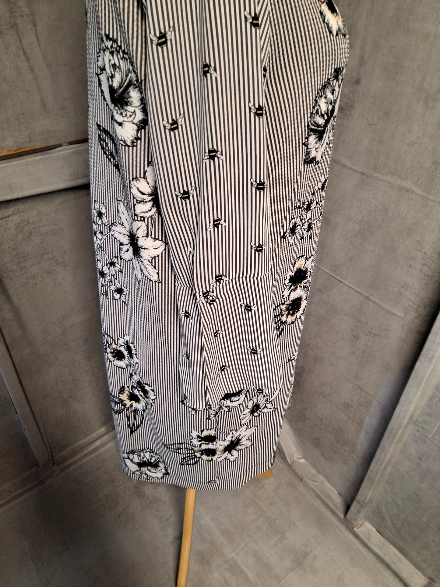 Next Black & White Stripe Floral Bee Print Midi Dress ā Long Sleeves, Size 16, Polyester