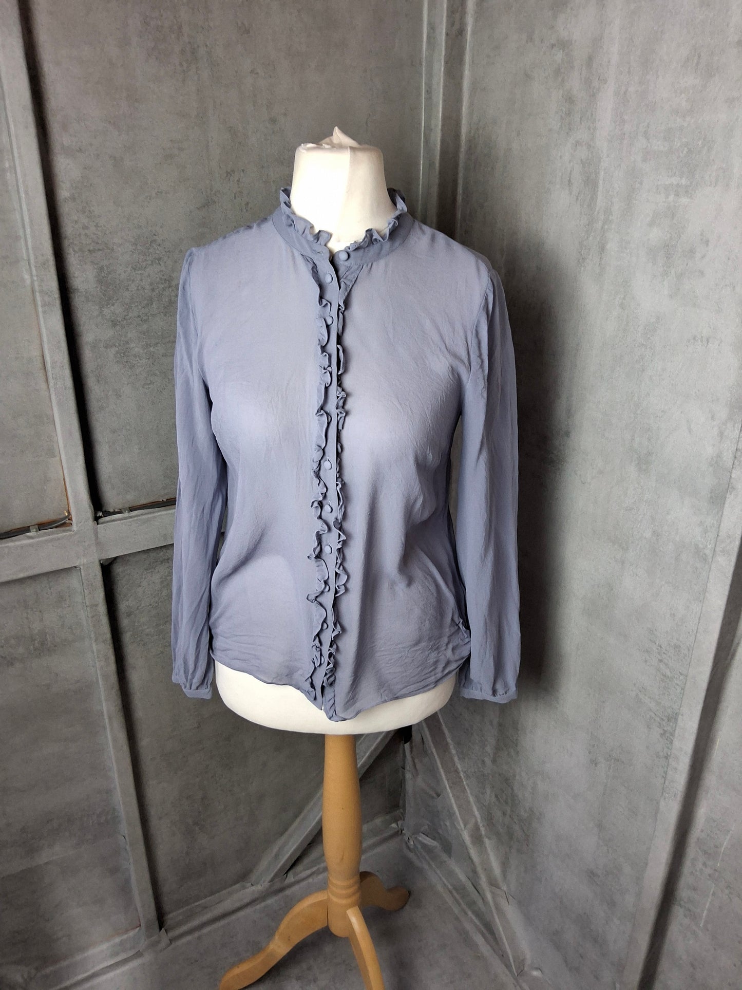 Boden Light Blue 100% Silk Ruffle Blouse – Size 10 Slightly Sheer