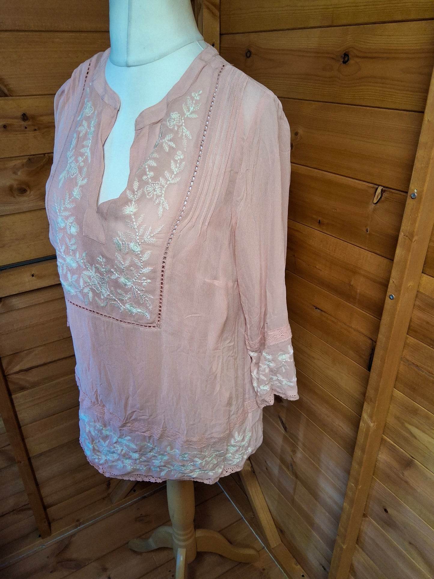 Monsoon Light Pink Embroidered Blouse – Size 12 – 100% Viscose – NWT RRP £49