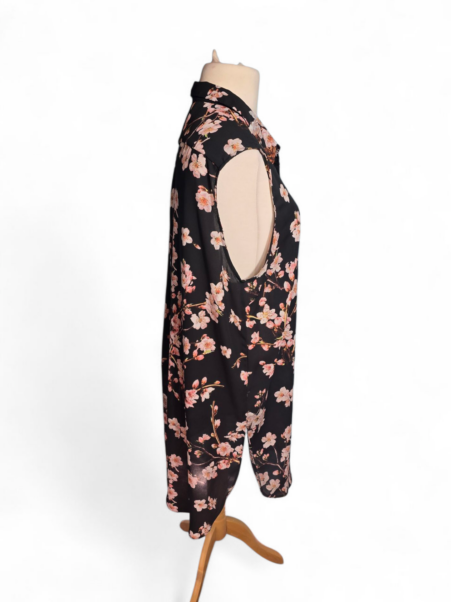George Black & Pink Floral Sheer Sleeveless Shirt Dress Size 18 Collared, Button Front