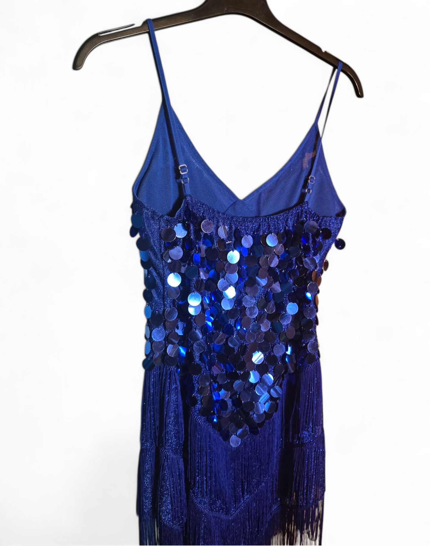 Blue Sequin Glitter 1920s Flapper Dress Tassel Detail Adjustable Straps V-Neck