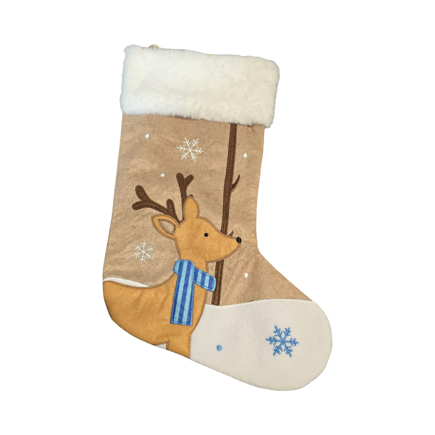 Cute Reindeer Christmas Stocking ā Faux Fur Trim ā 19cm x 42cm