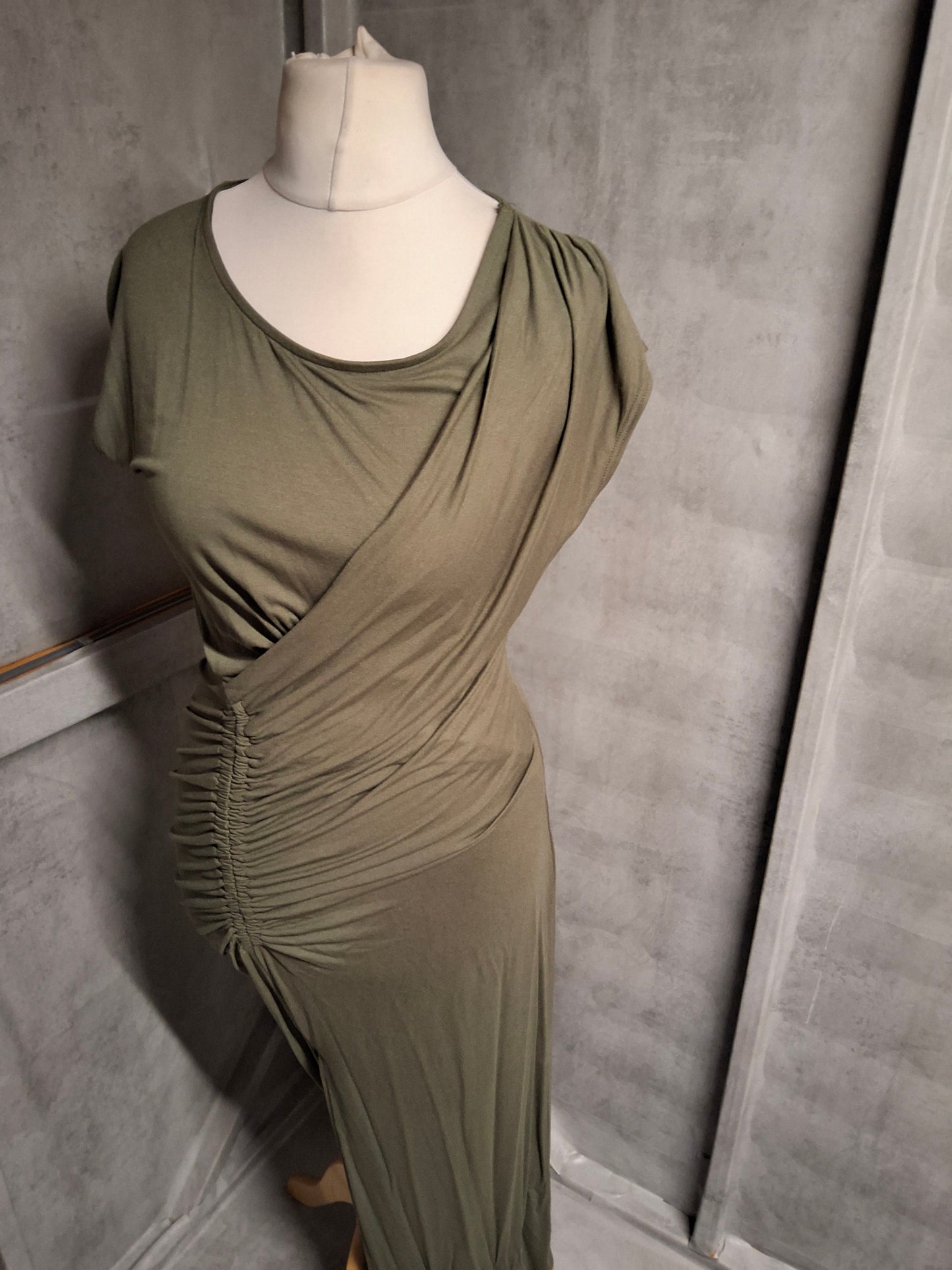 Next Khaki Green Bodycon Maxi Dress | Size 12 | Ruched Wrap Detail & Slit 💚