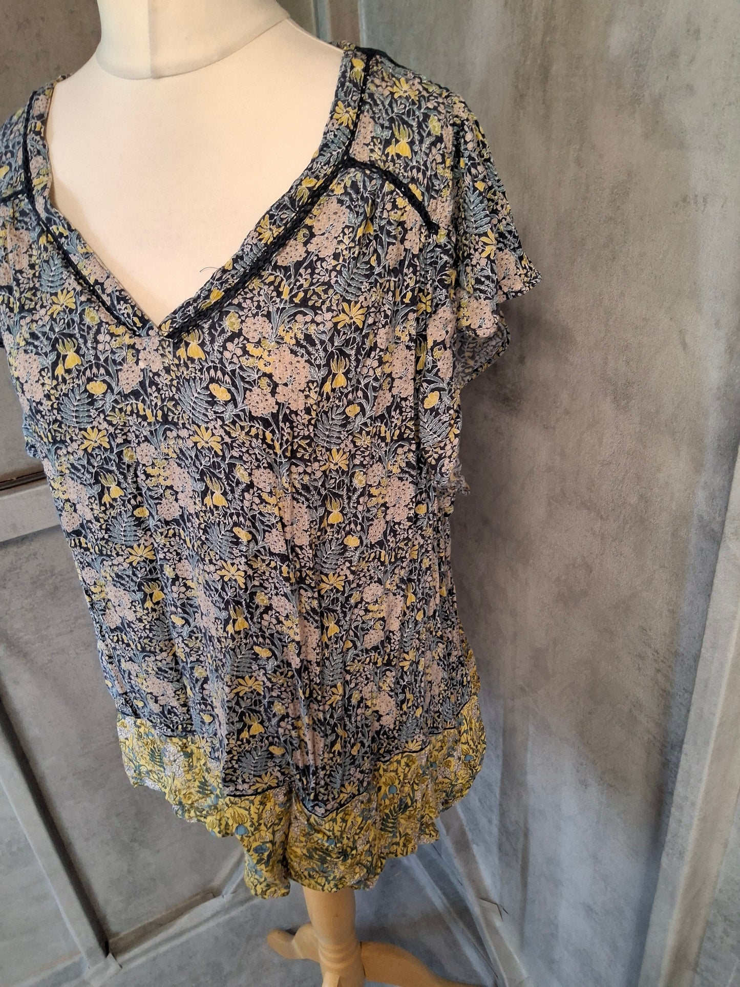 Next Navy & Yellow Floral Blouse β Size 18, 100% Viscose, Boho Vibes & Breezy Feels