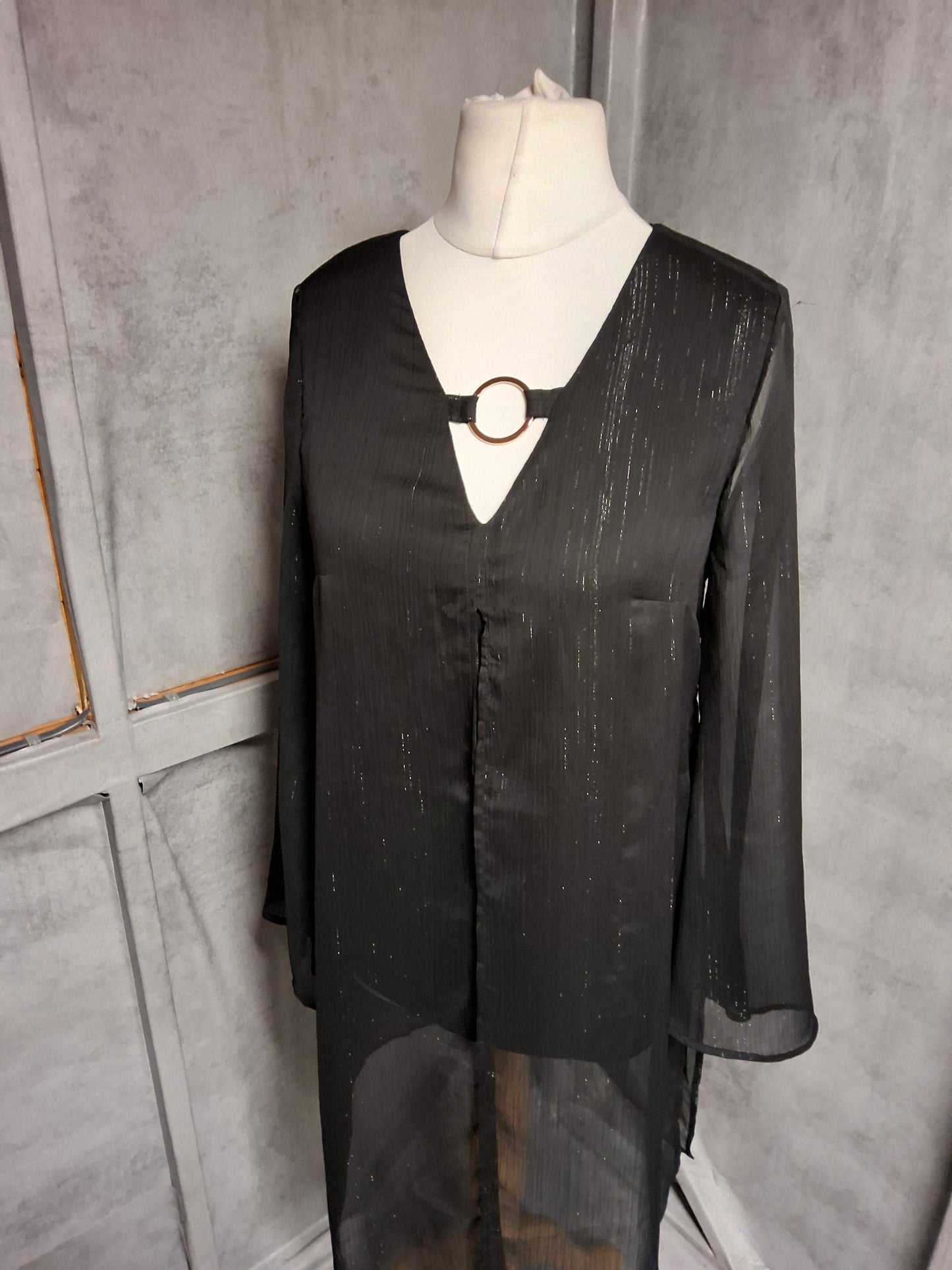 Julien Macdonald Black & Silver Sheer Long Sleeve Top – Size 8 – Evening Statement Piece