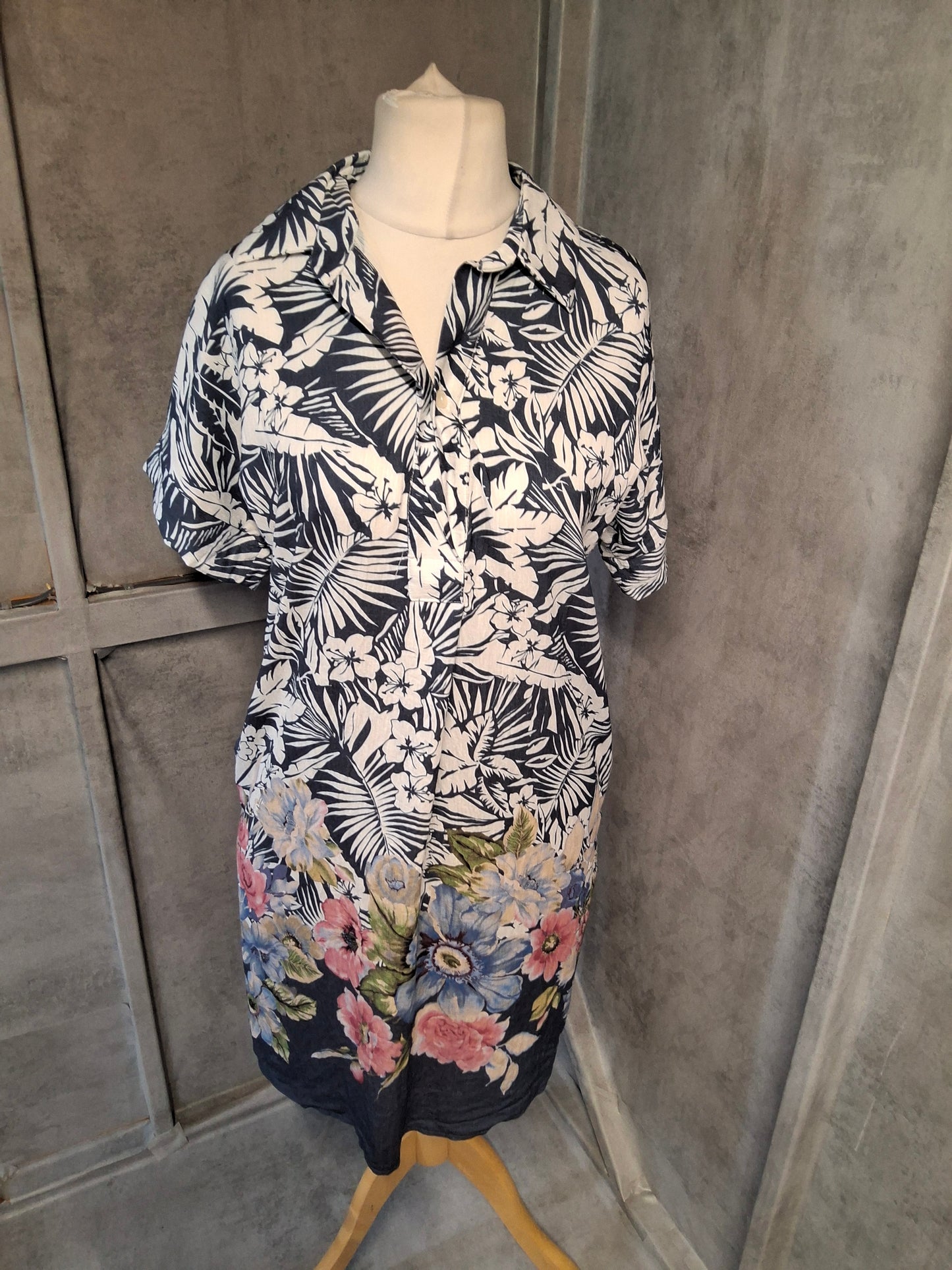 Pomodoro Navy Floral Shirt Dress | Size 10 | Lightweight Viscose Blend