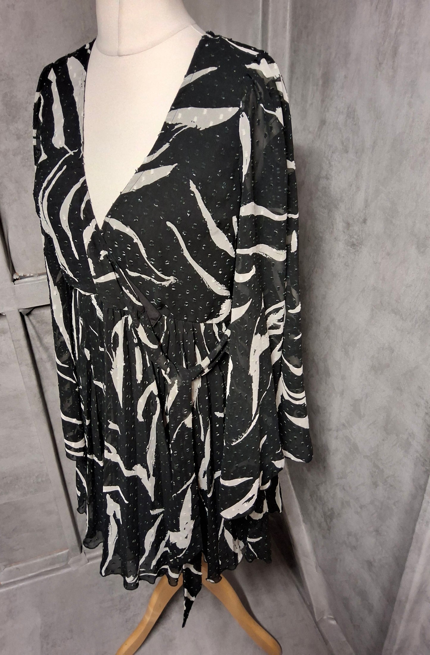 ASOS Black & White Sheer Long Sleeve Wrap Dress | Size 12