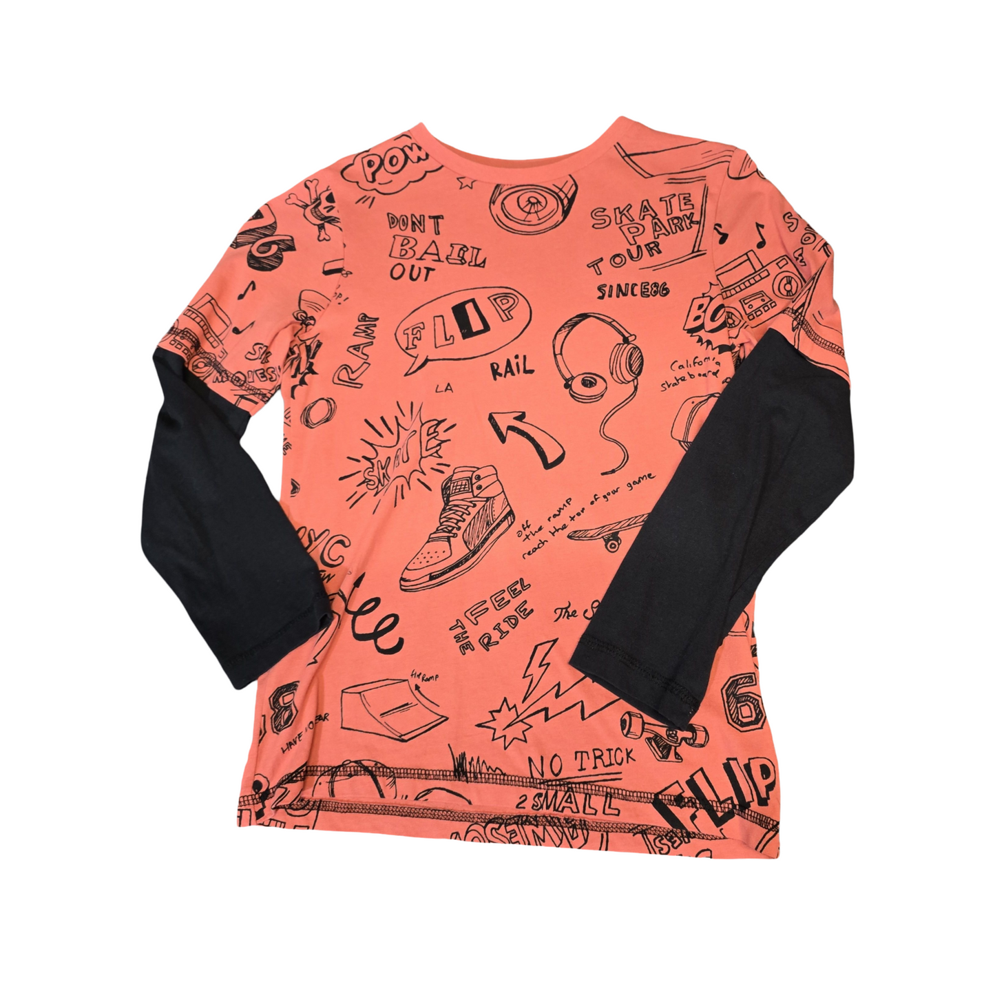 F&F Coral Orange & Black Long Sleeve Graphic Tee – Boys 7–8 Years