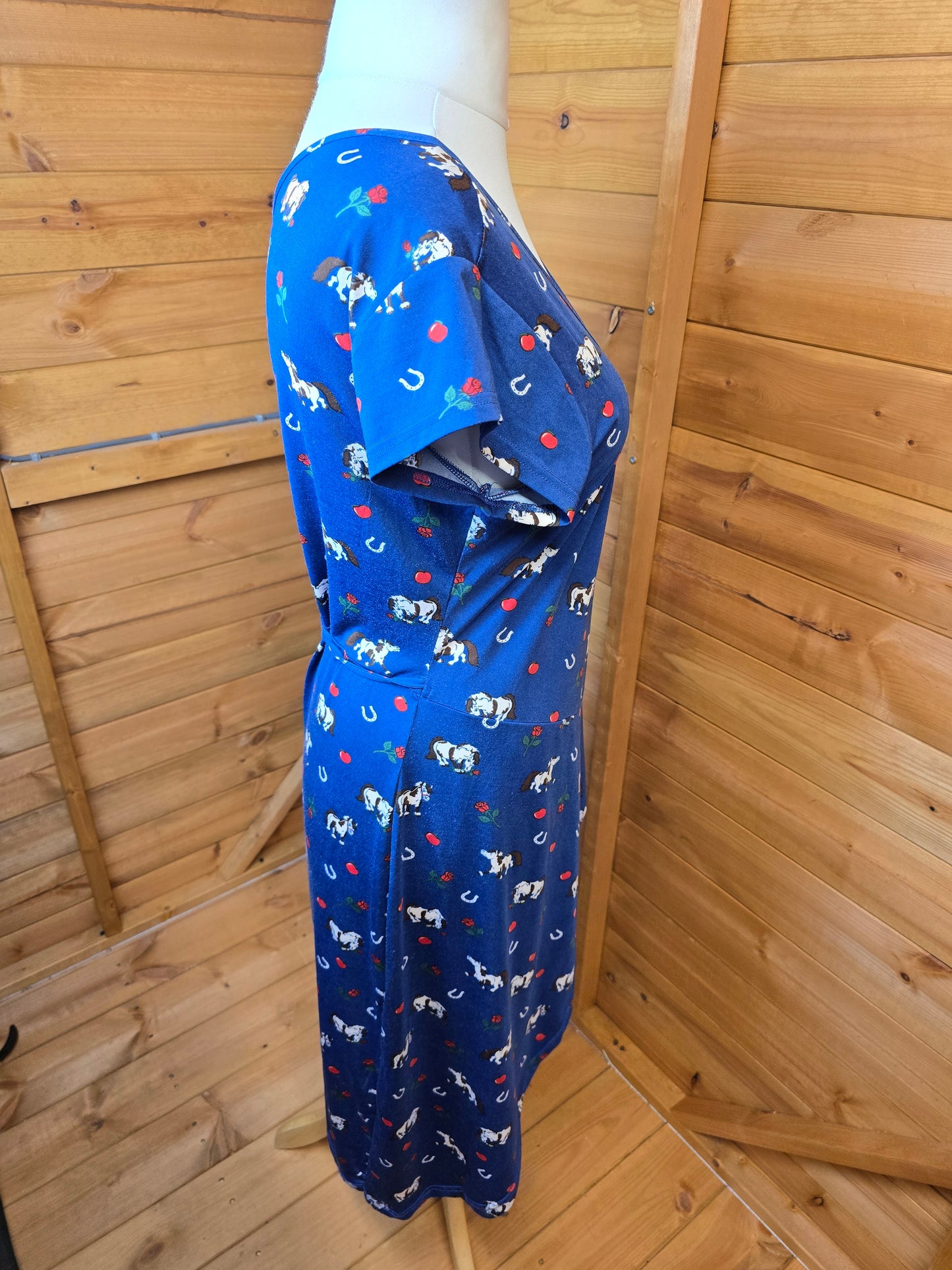 Lindy Bop Blue Print Wrap Dress Size 12 – V-Neck, Midi, Stretchy, Horse & Cherry Rose Design