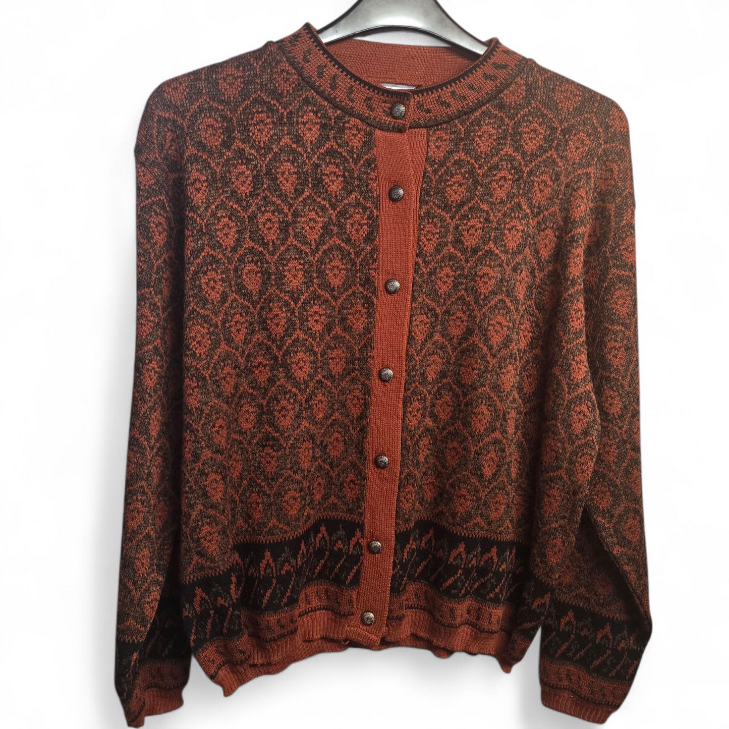 Vintage 1980s Motives Brown & Orange Patterned Knit Cardigan ā UK 20/22