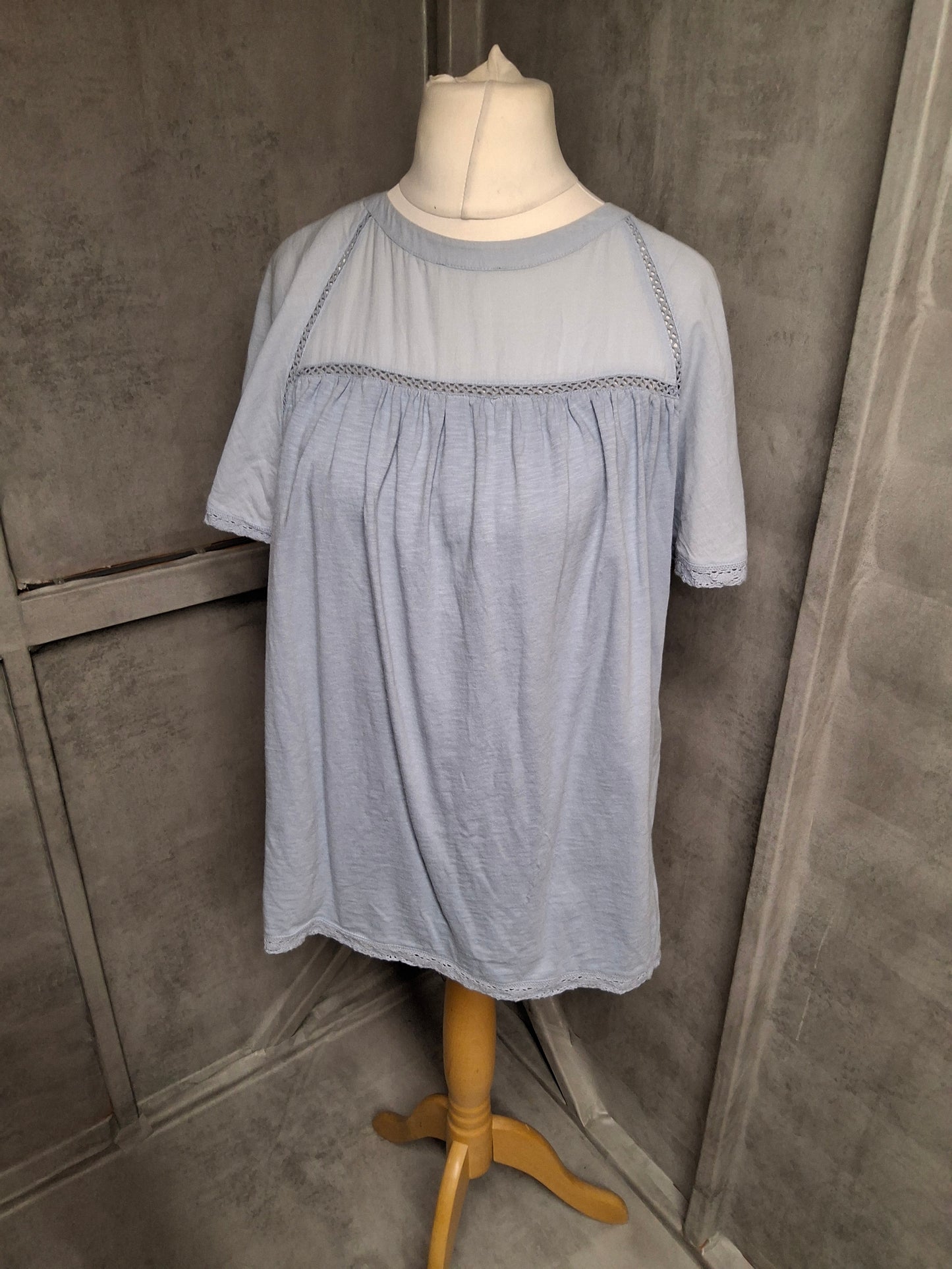 Per Una Blue Cotton Crochet Detail Top – Size 18 – Floaty Sleeves & Relaxed Fit