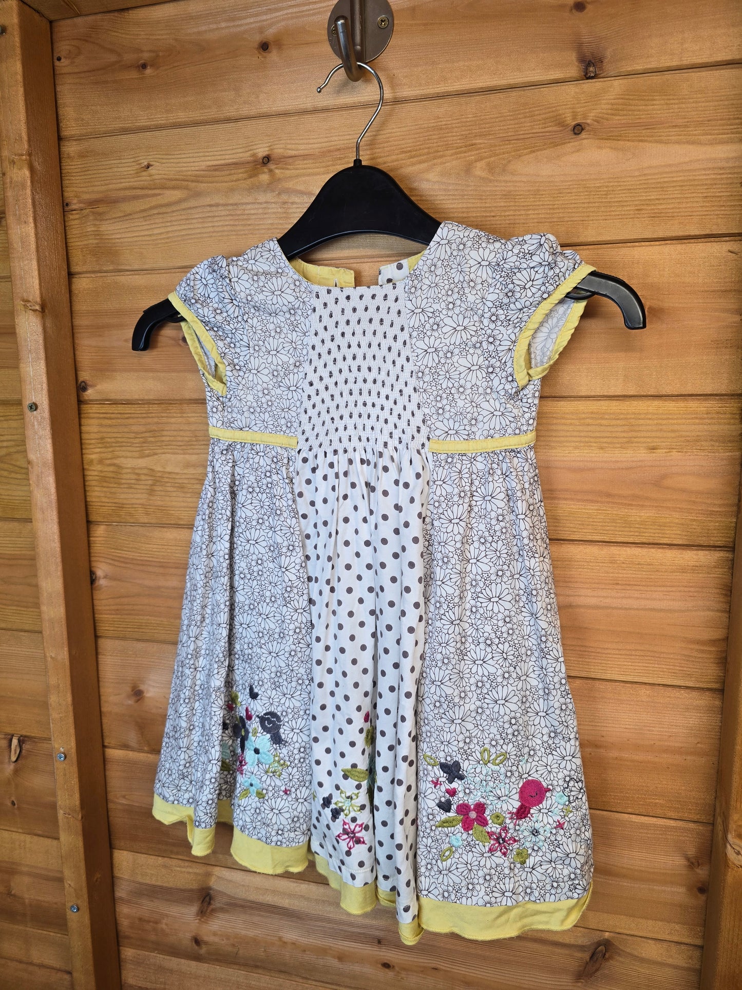 Marks & Spencer Girls' White, Yellow & Brown Floral Polka Dot Dress – Short Sleeves, Elastic Front