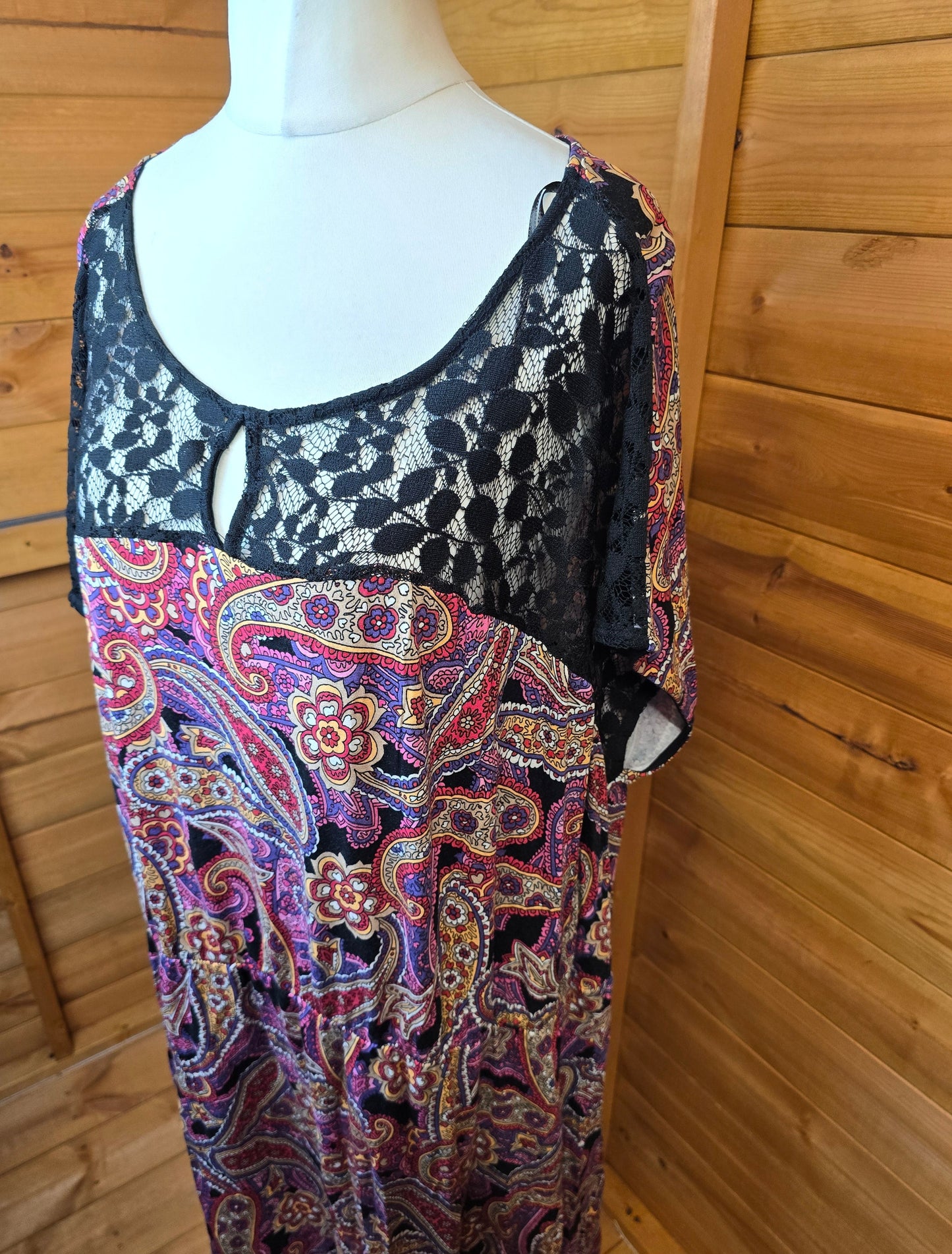 Simply Be Black Multicolour Midi Dress Size 28 – Lace Front, Short Sleeves, Elasticated Waist