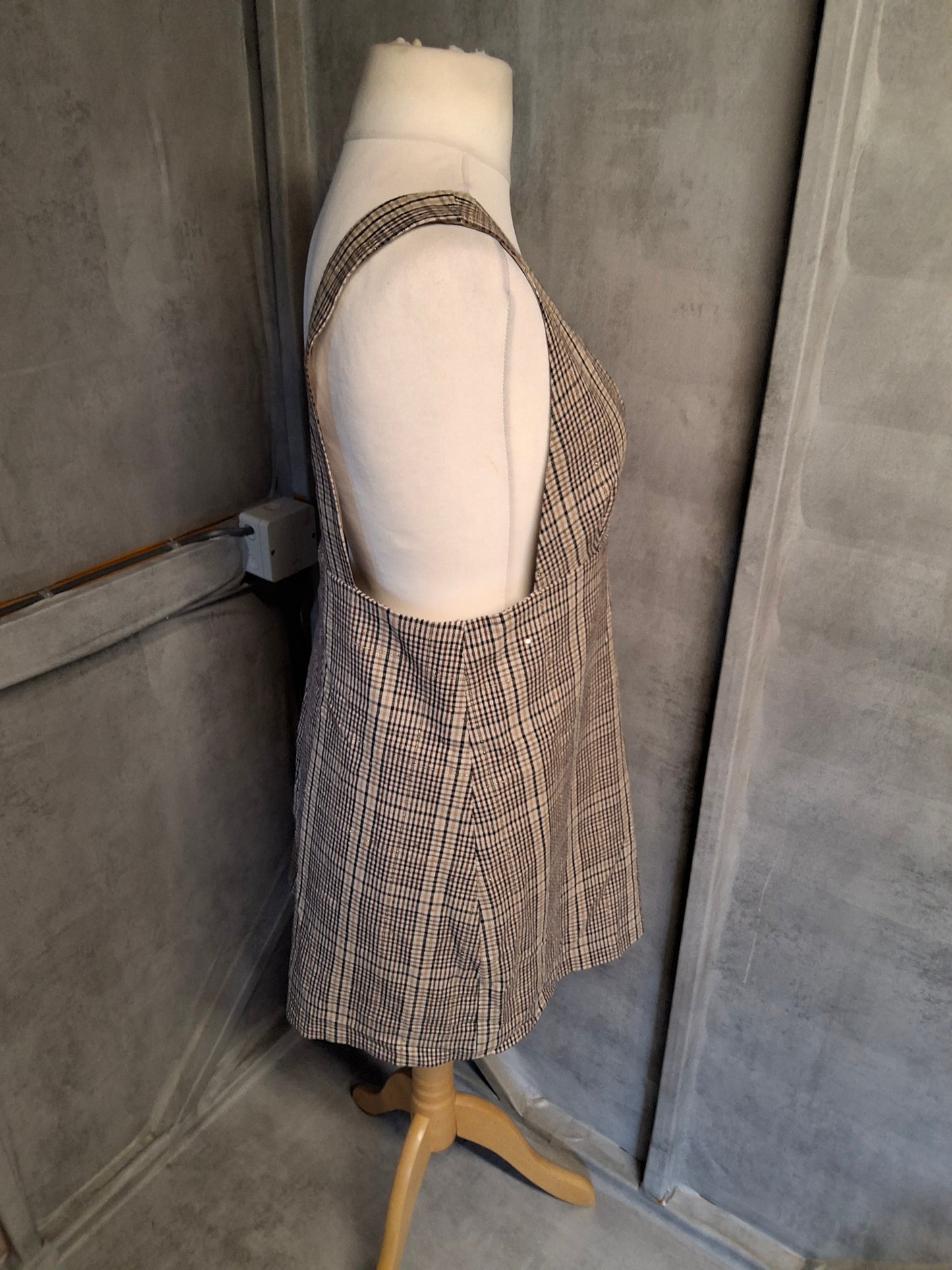Zara Brown & Black Checked Glitter Pinafore Dress – Size L (UK size 12) – Mini/Knee Length